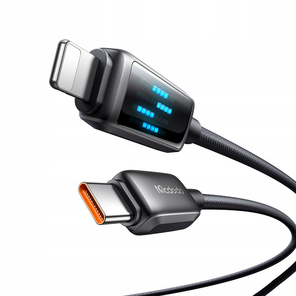USB-C ve Lightning konektörlü siyah şarj kablosu. Mavi ışıklar gücü gösterir.