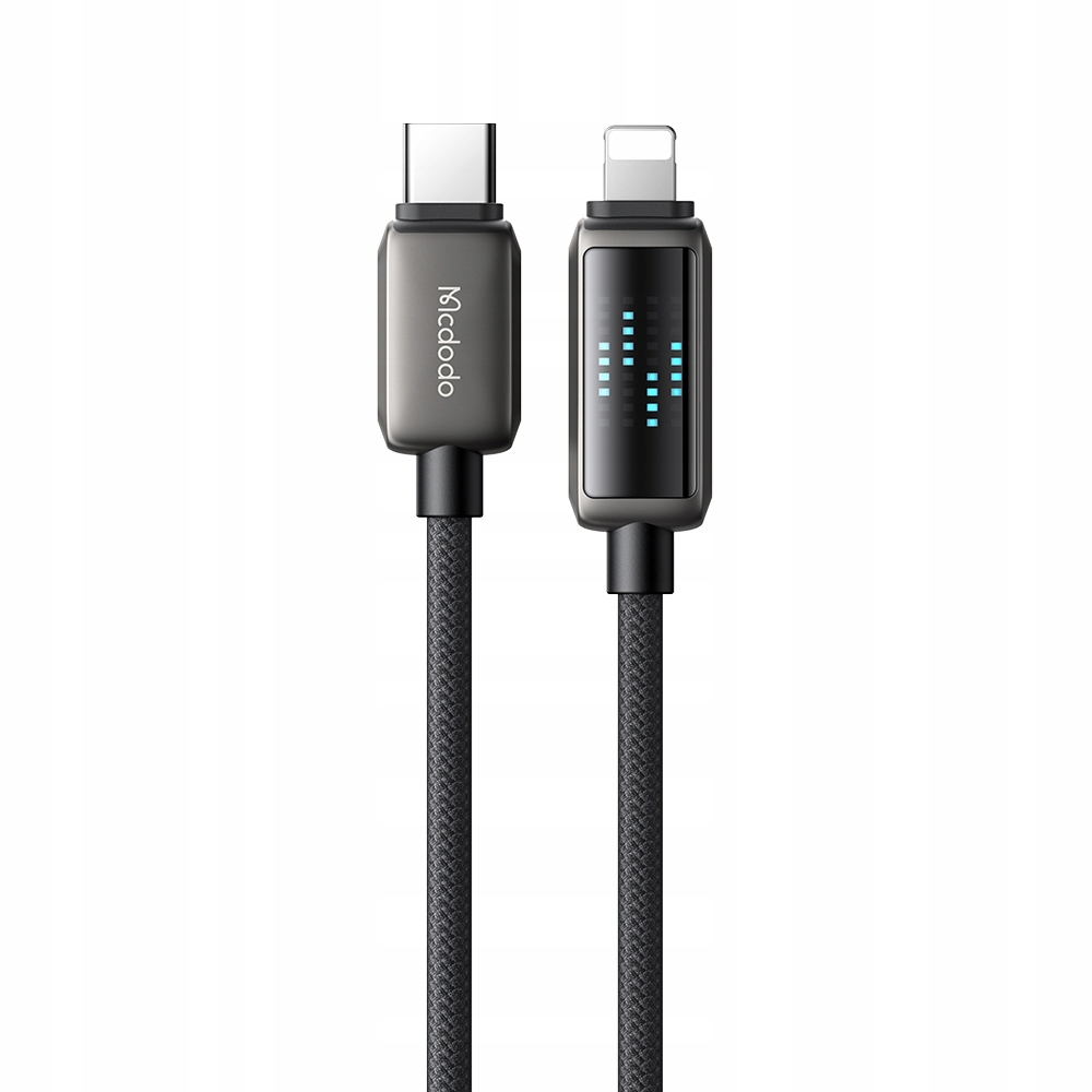 Dijital ekranlı gri USB-C - Lightning kablosu.