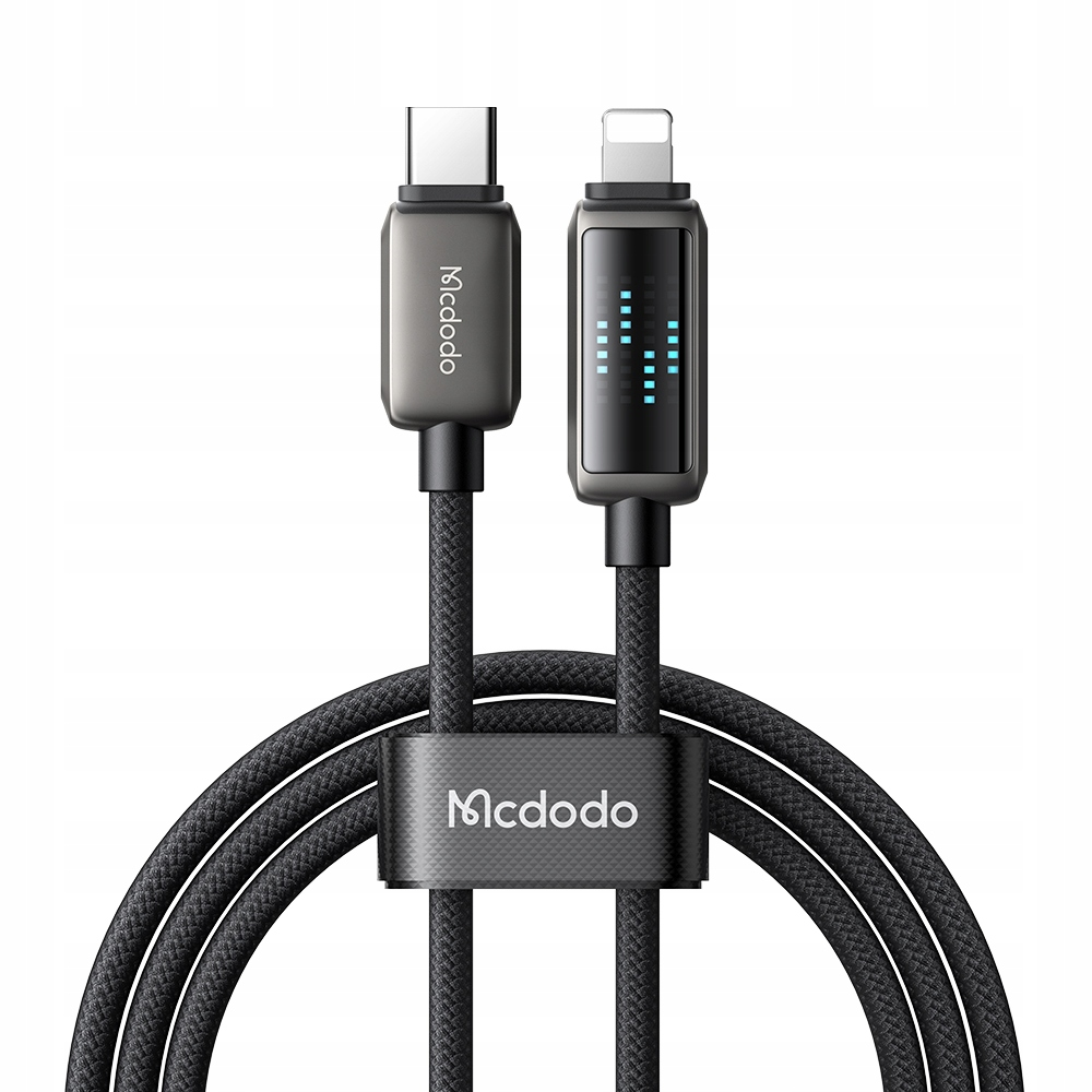 Mcdodo logolu ve şarj göstergeli siyah USB-C - Lightning kablosu.