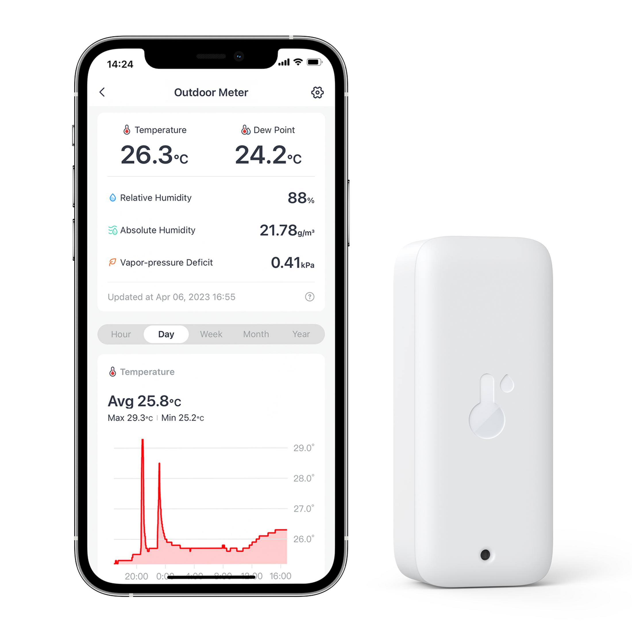 Ein Smartphone zeigt Wetterdaten wie Temperatur und Luftfeuchtigkeit an.