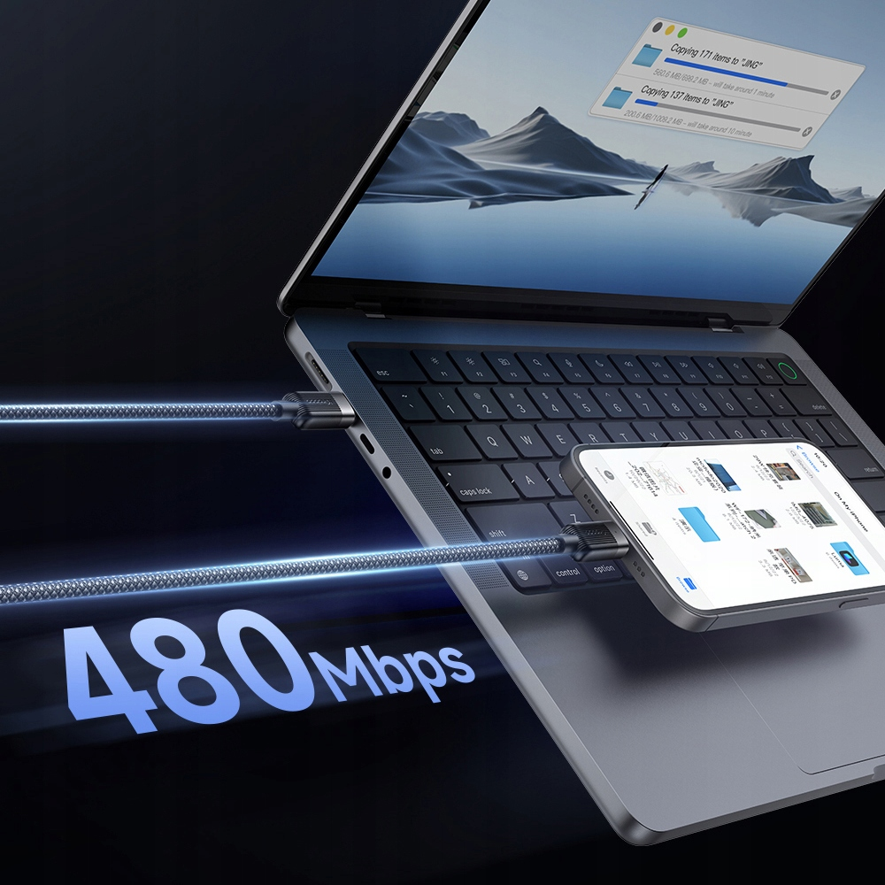 Dizüstü bilgisayar kabloyla telefona bağlı. Metinde 480 Mbps aktarım hızı gösteriliyor.