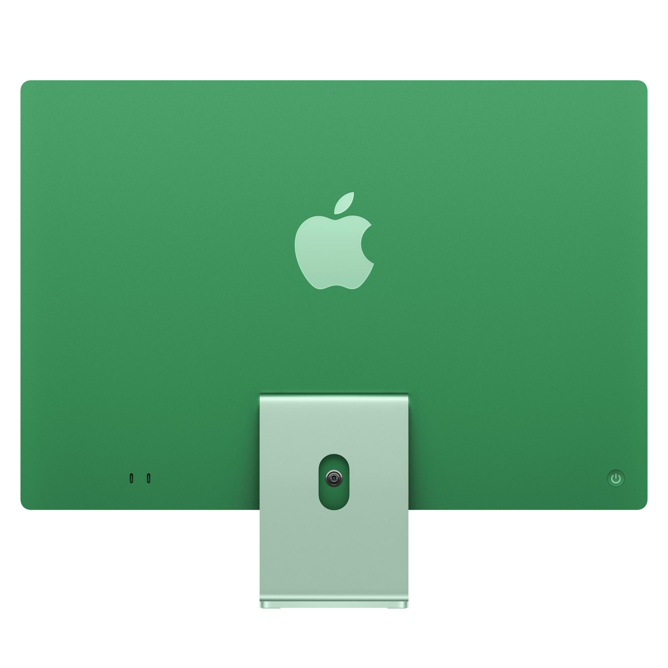 Grüner iMac mit Apple-Logo und Standfuß auf weißem Hintergrund.