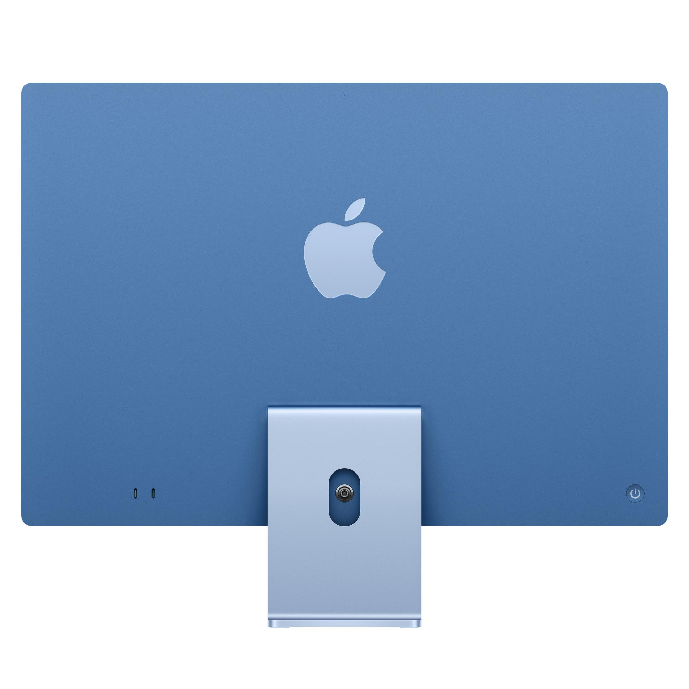 Blauer iMac mit Apple Logo und Standfuß. Anschlüsse und Power-Button.