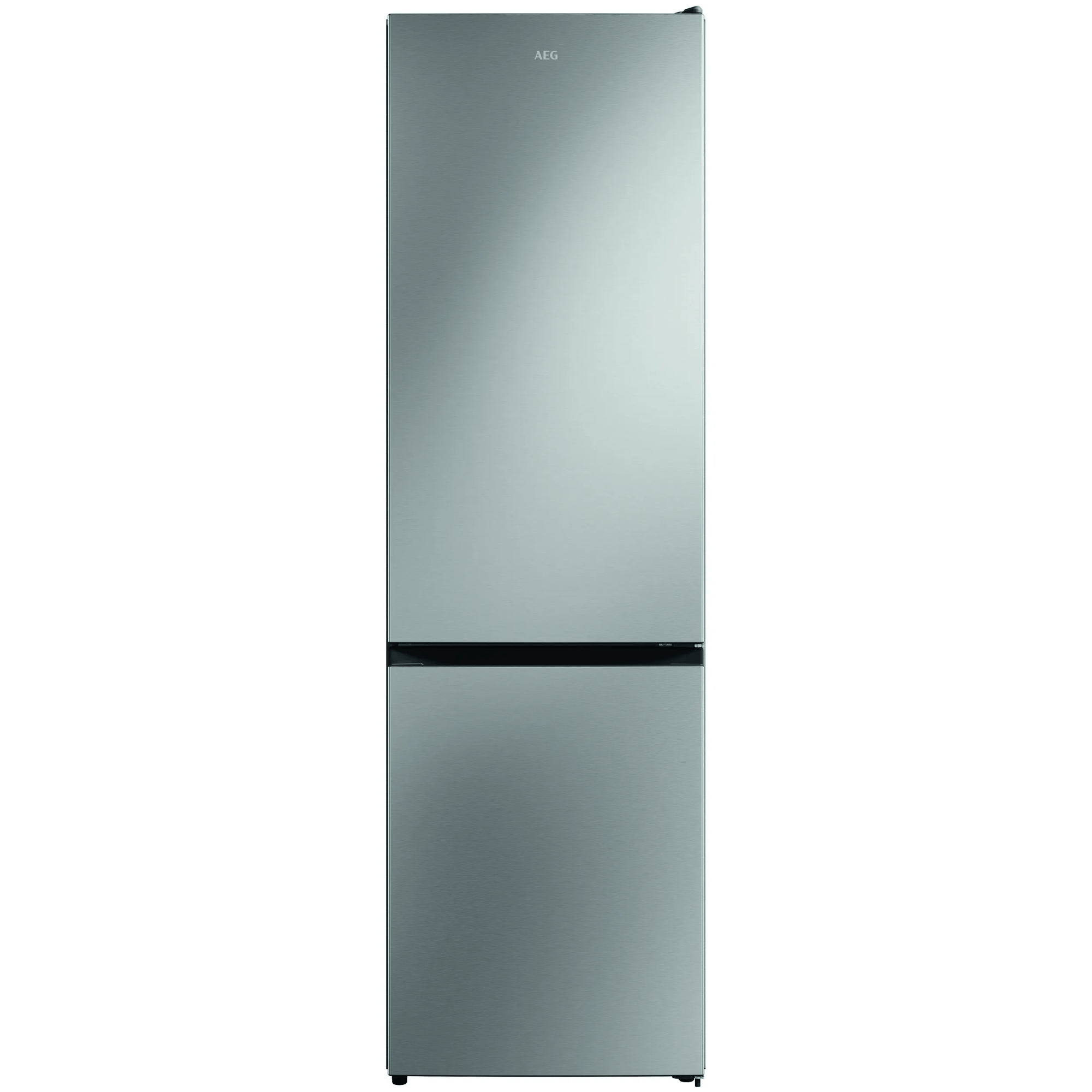 Un frigorífico plateado y elegante con dos puertas, una arriba y otra abajo.