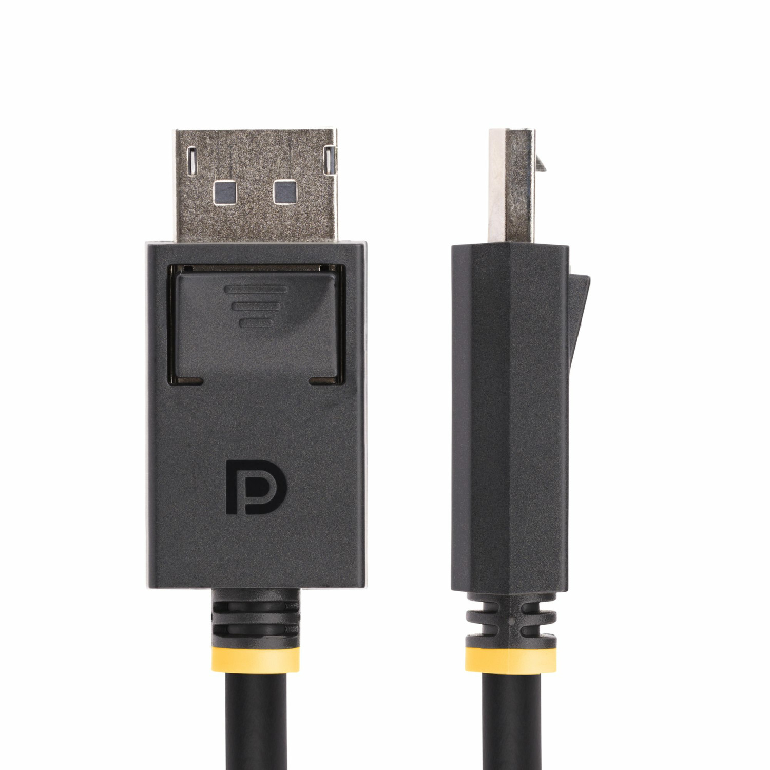 Ein schwarzer DisplayPort-Stecker mit silbernem Metallanschluss und gelbem Akzent.