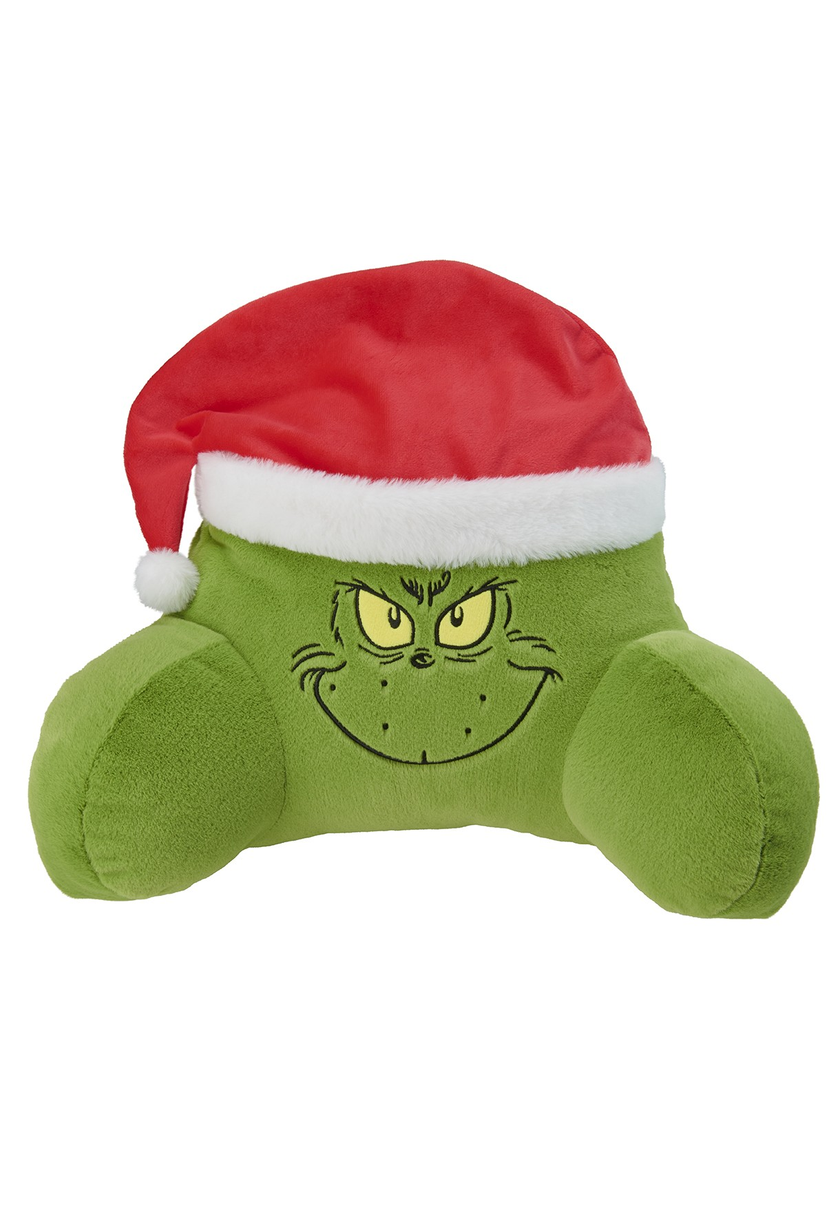 Grünes Grinch-Kissen mit Weihnachtsmütze und grimmigem Gesichtsausdruck.