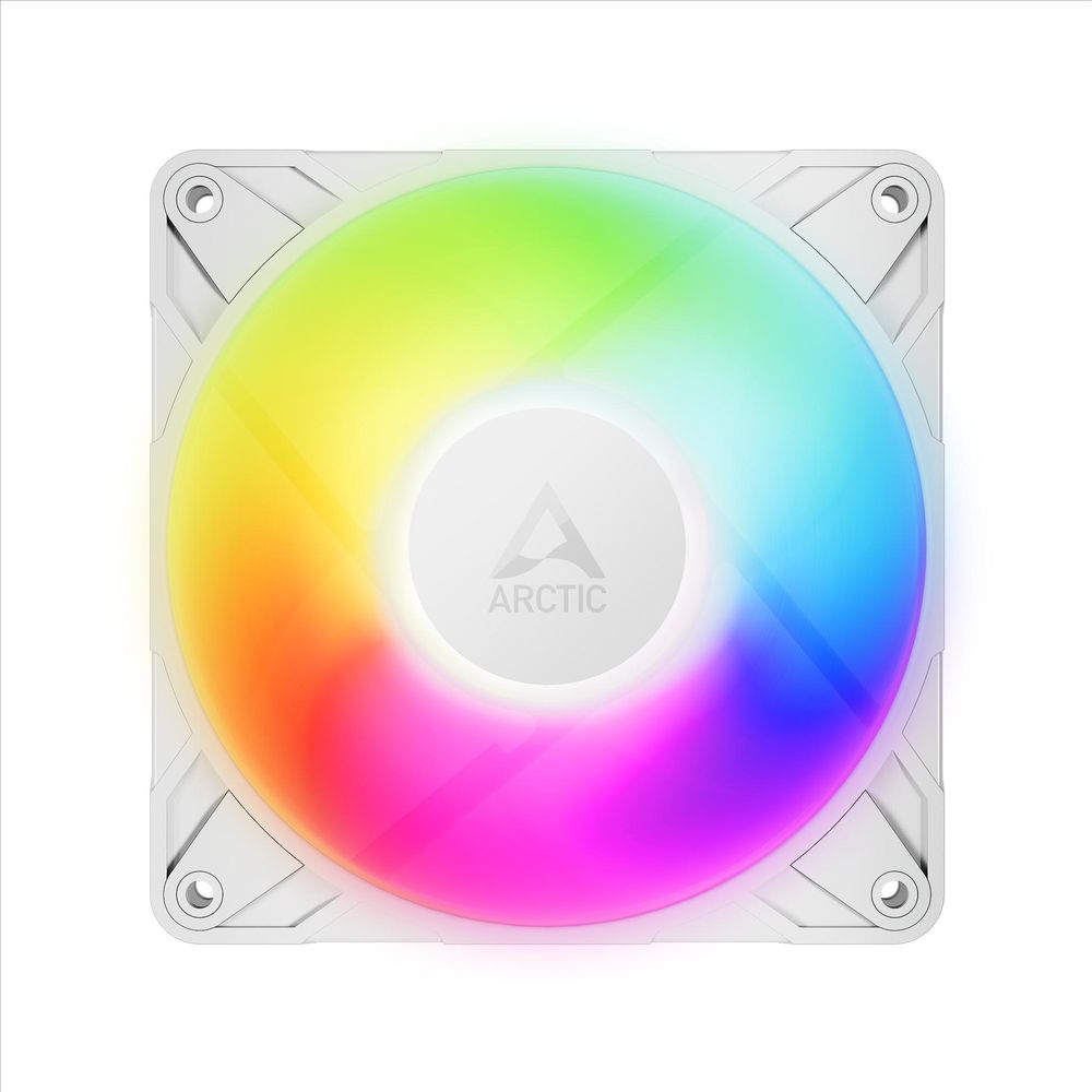 Ein weißer PC-Lüfter mit RGB-Beleuchtung in Regenbogenfarben, zentriert.