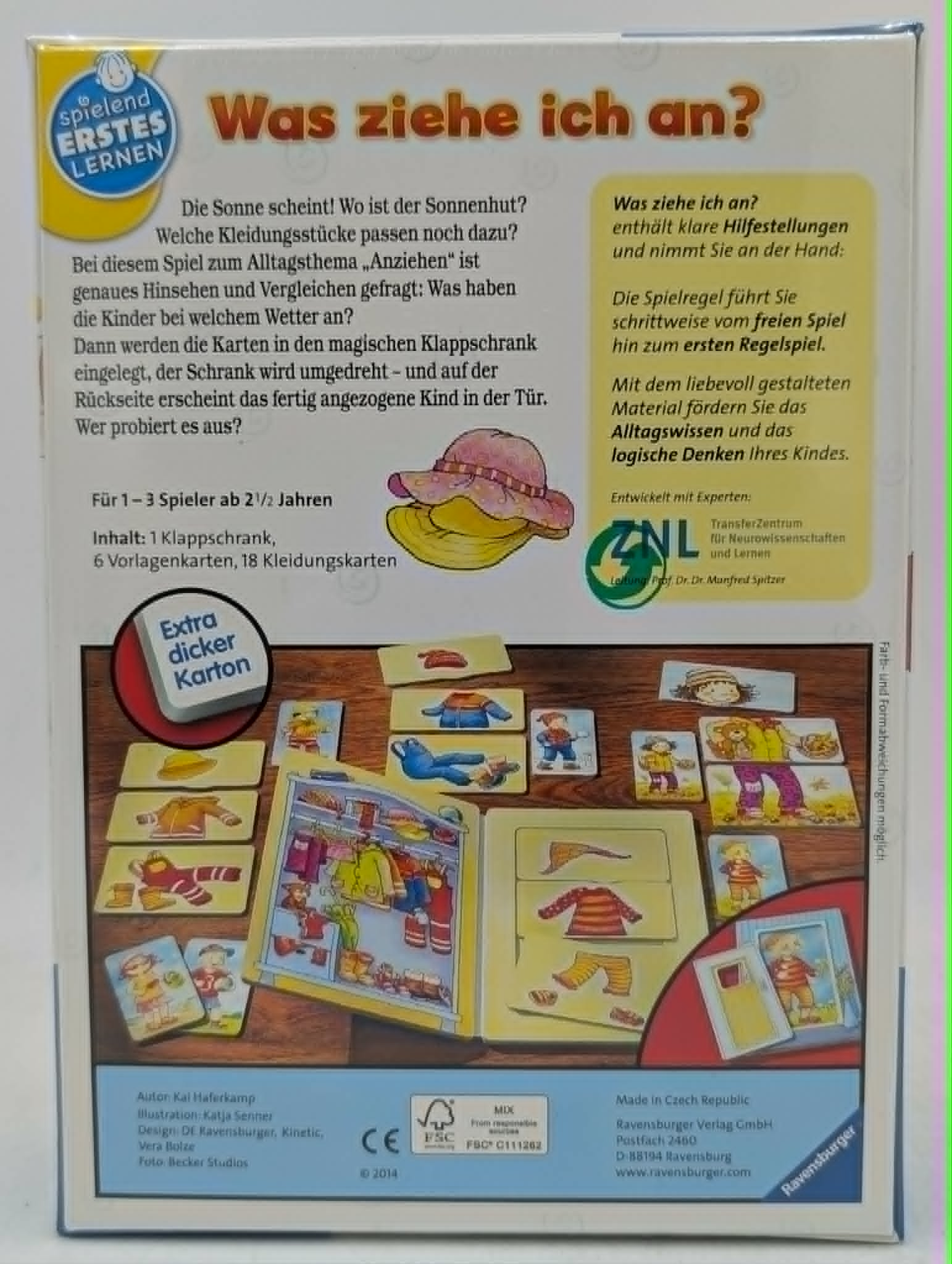 Spielende Ersten Lernen "Was ziehe ich an?" Brettspiel. Mit Kleidungskarten und Schrank.