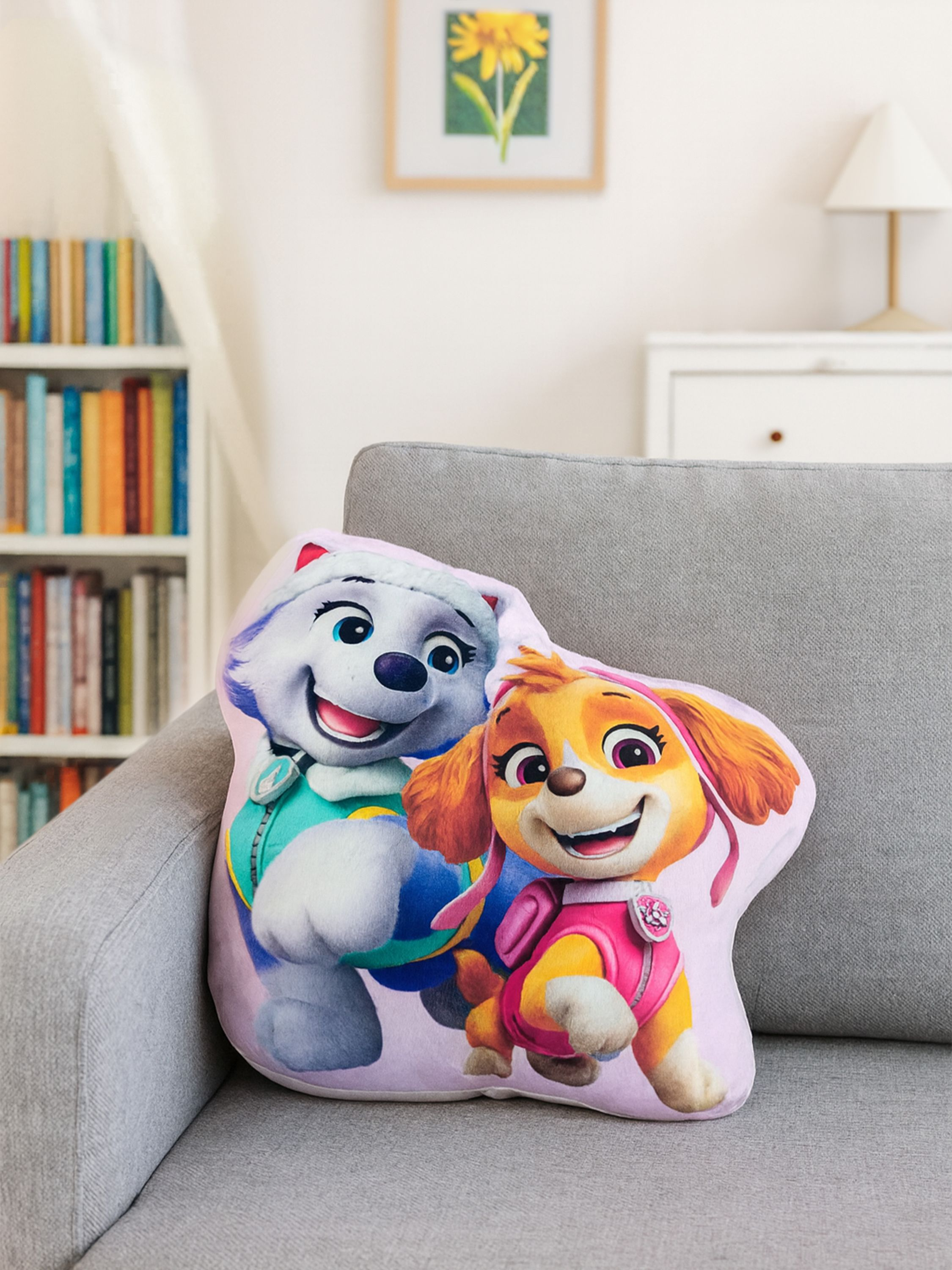 Zwei Paw Patrol Kissen auf einem Sofa, im Hintergrund ein Bücherregal.