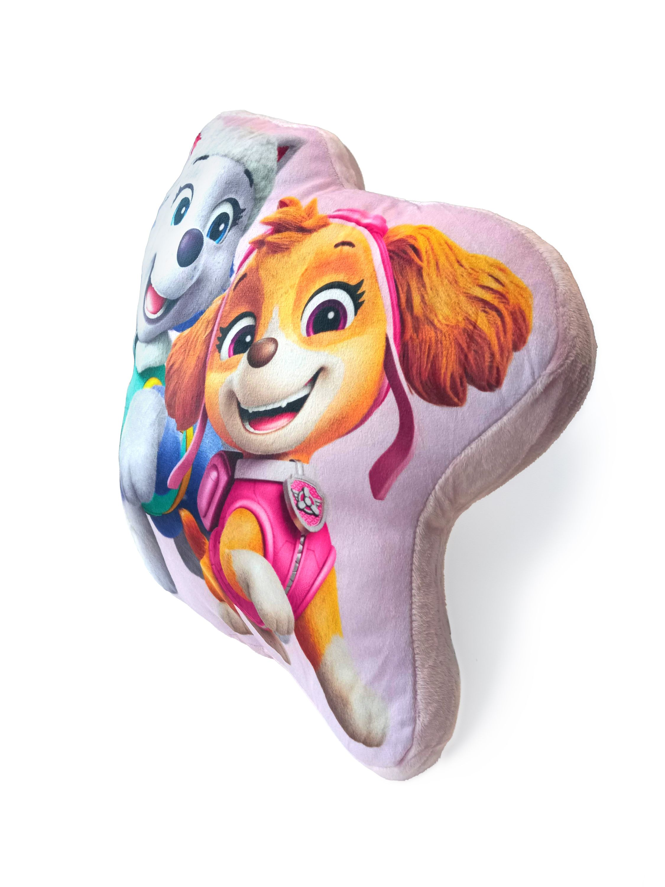 Ein Plüschtier mit den Paw Patrol-Charakteren Skye und Everest auf rosa Hintergrund.