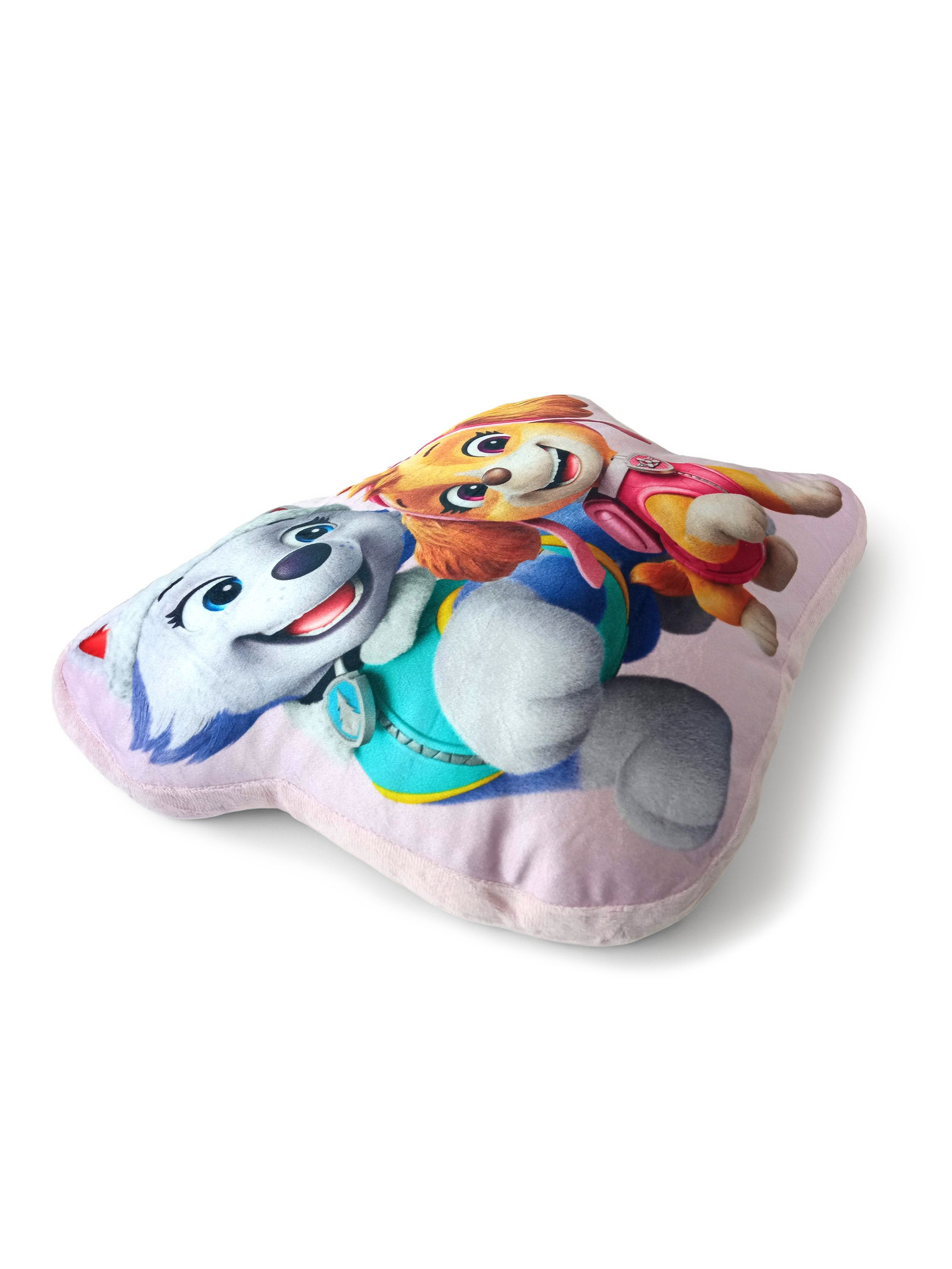 Ein rosa Kissen mit zwei Paw Patrol Hunden, Everest und Skye.