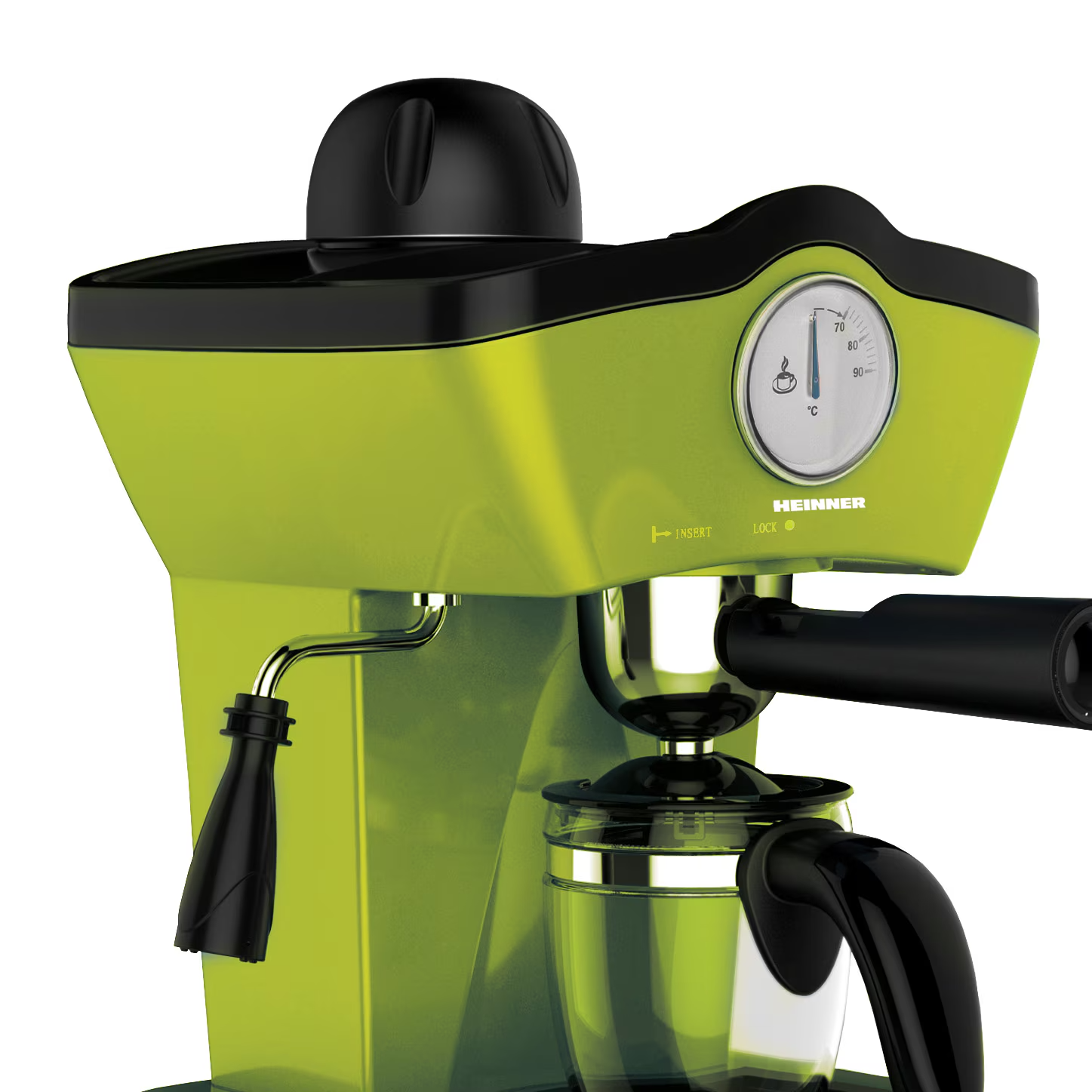 Eine hellgrüne Espressomaschine mit schwarzem Griff und einem Thermometer.