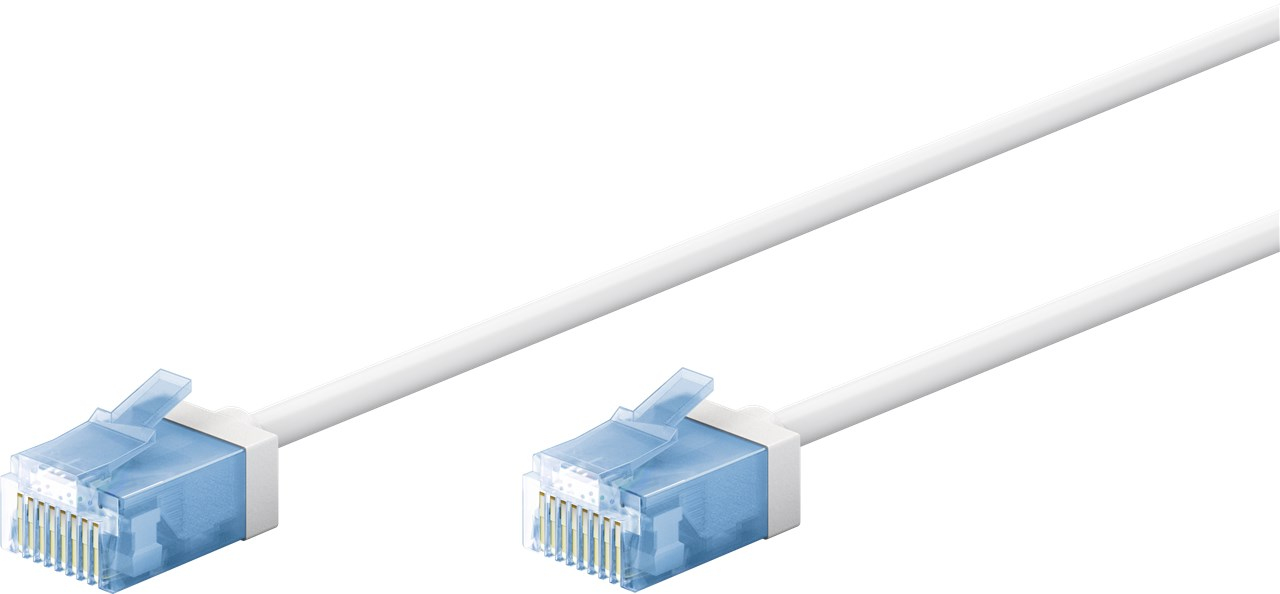 Zwei weiße Netzwerkkabel mit durchsichtigen blauen Steckern auf weißem Hintergrund.