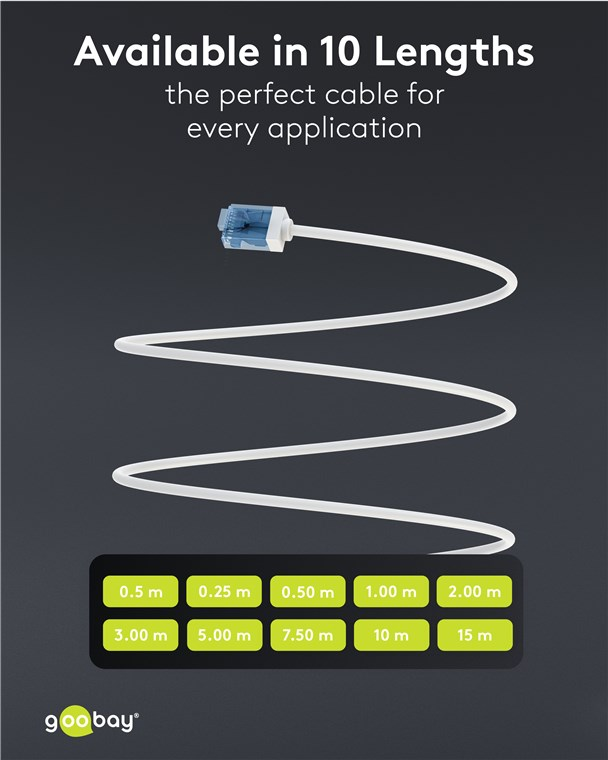 Ein weißes Kabel mit blauem Stecker und Längenangaben.