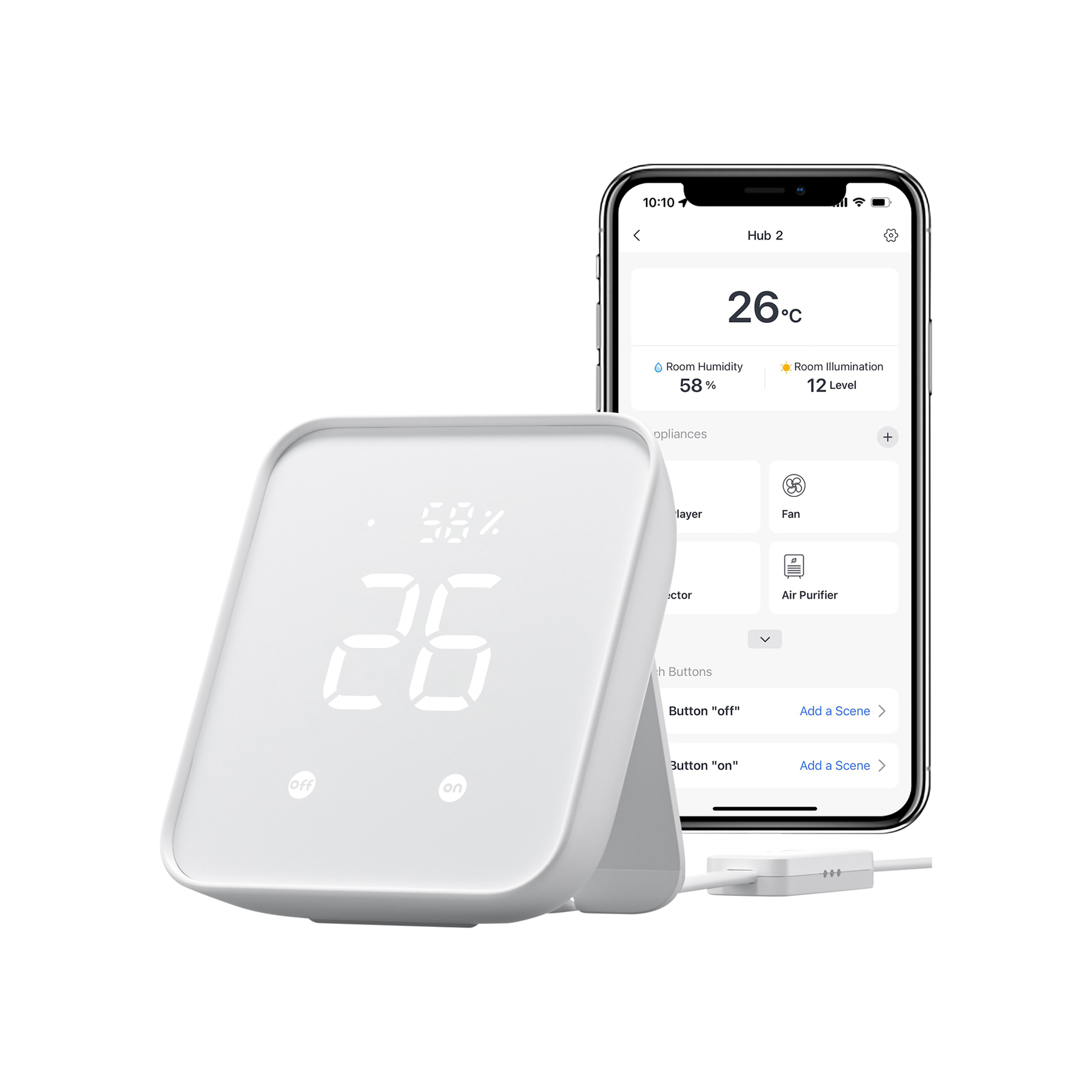Ein weißes Smart-Gerät mit digitaler Anzeige zeigt 26°C und 58% Luftfeuchtigkeit.