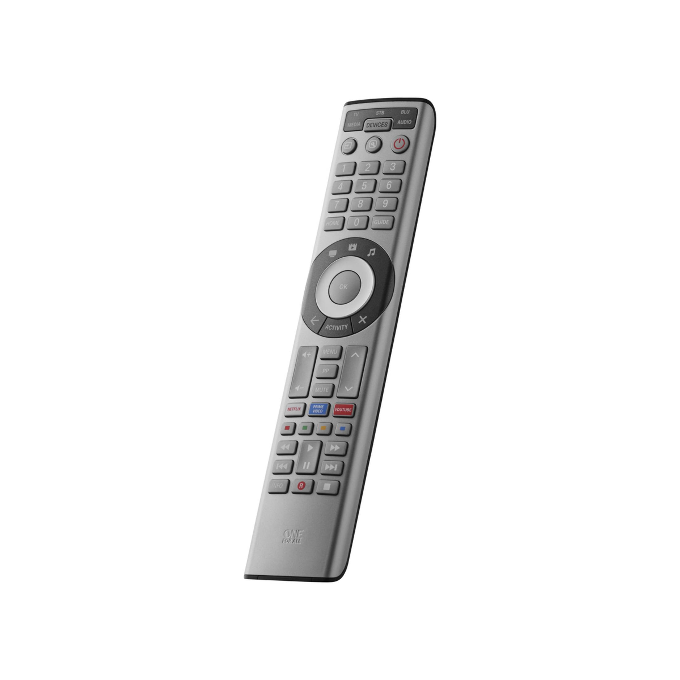 Silberne Universalfernbedienung mit Tasten für TV, Medien und Apps.