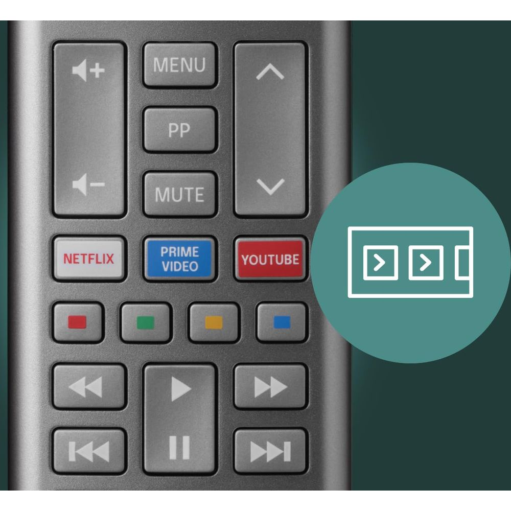 Nahaufnahme einer grauen Fernbedienung mit Netflix-, Prime Video- und YouTube-Tasten.