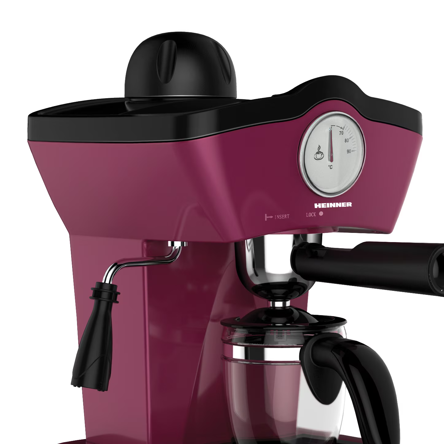 Wijnrode espressomachine met thermometer, stoompijp en glazen kan.