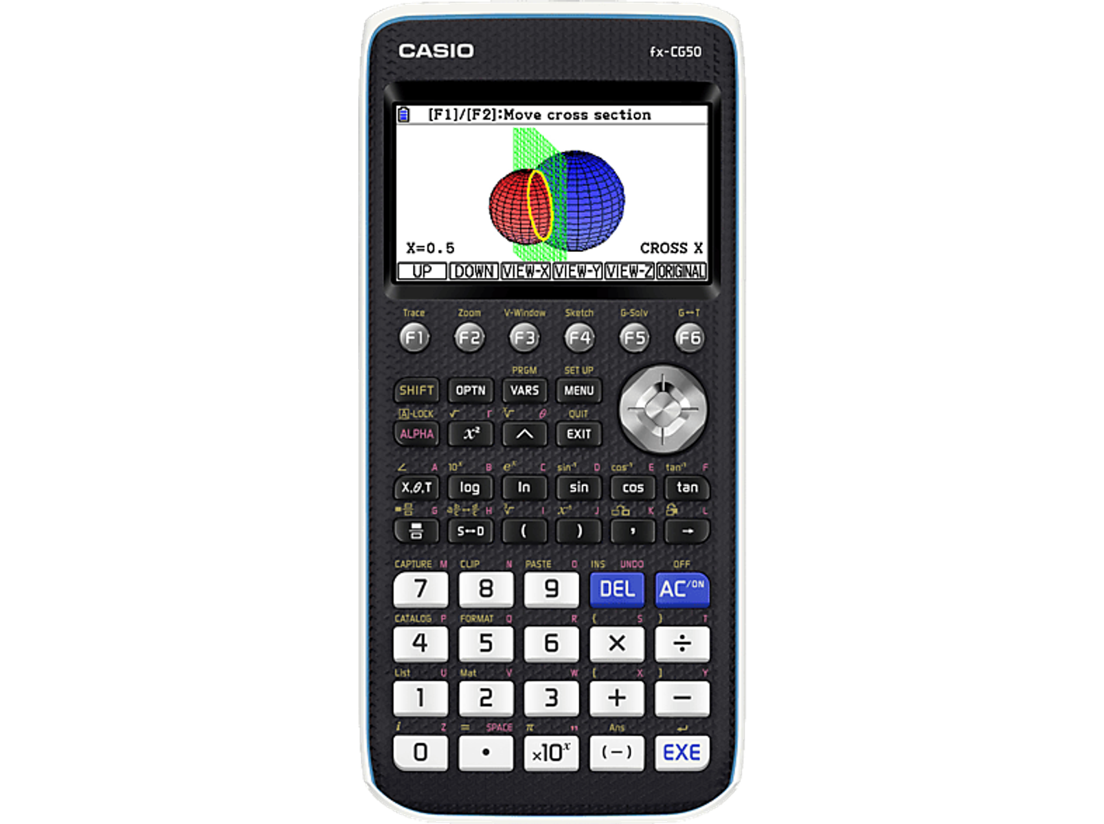 Ein Casio grafikrechner zeigt 3D-Kugeln und Schnittflächen auf dem Bildschirm.