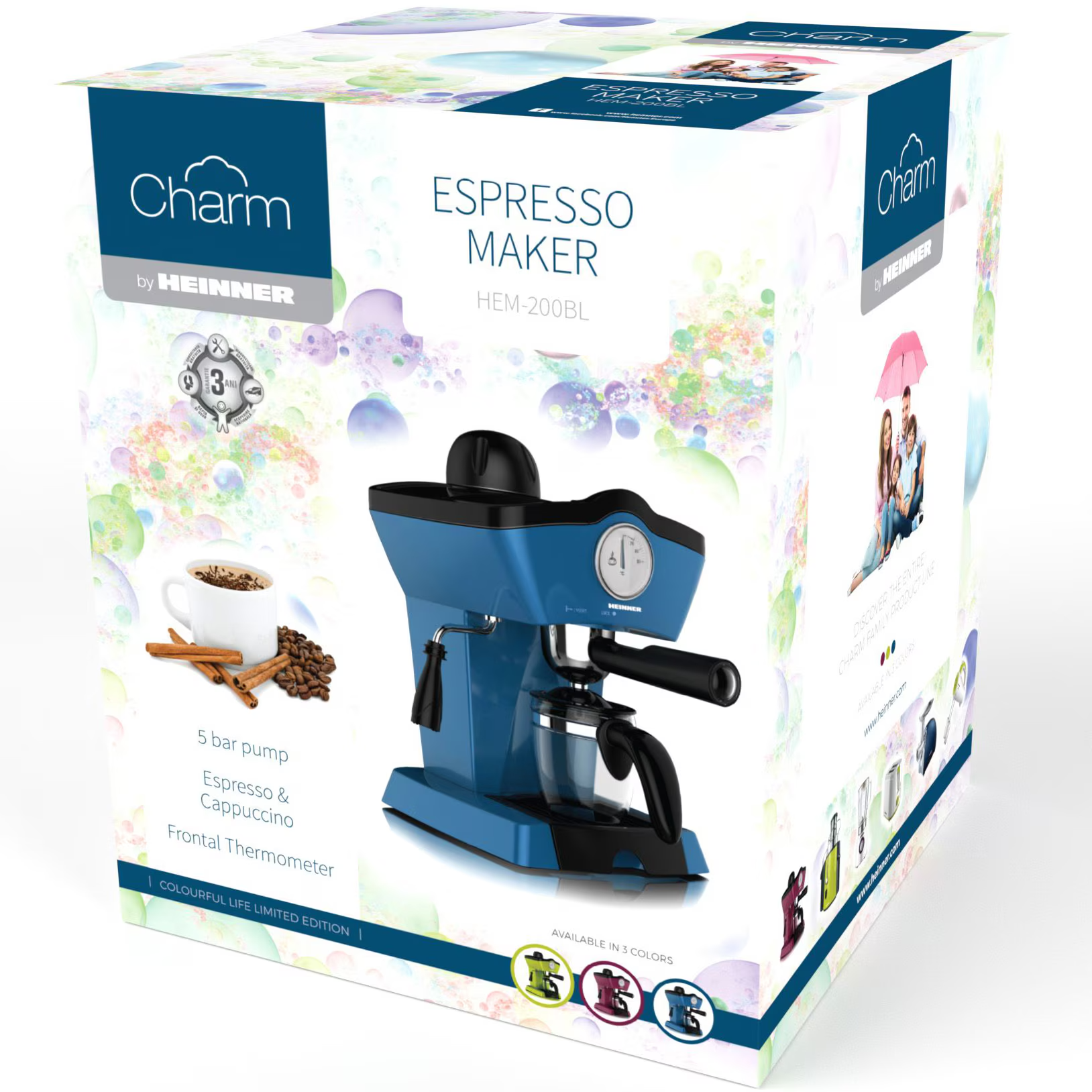 Een blauwe Heinner espressomachine op verpakking met koffiebonen en kopje.