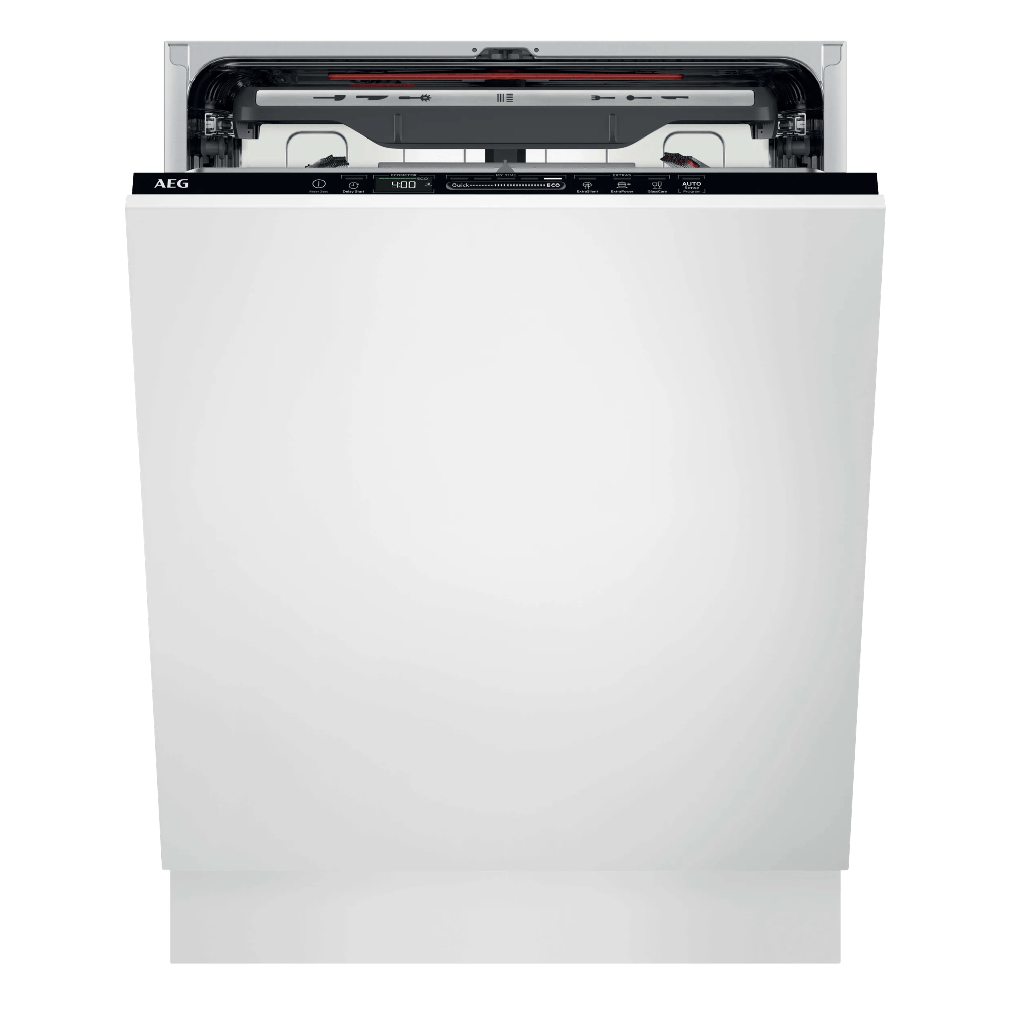 Un lavavajillas AEG blanco con la parte superior abierta, mostrando el panel de control.