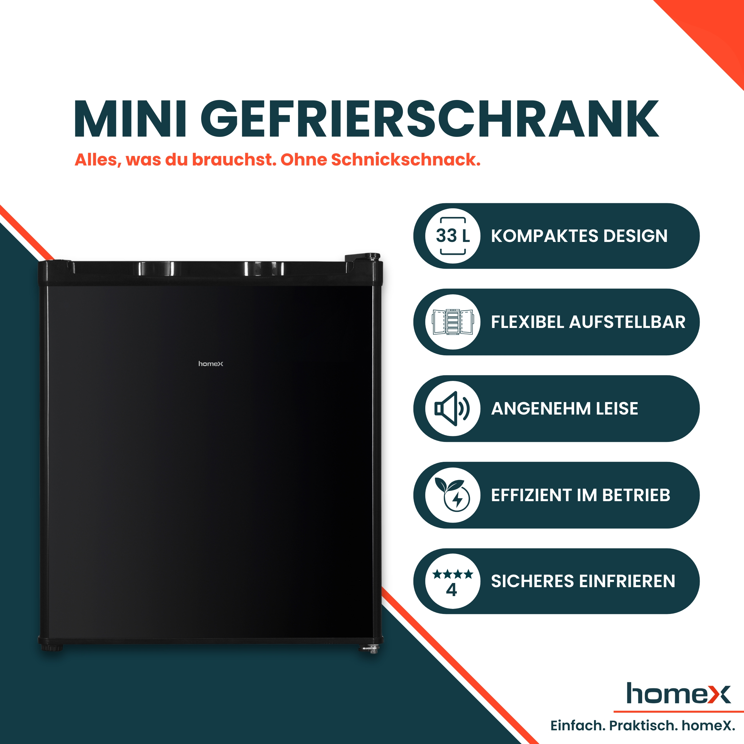 Ein schwarzer Mini-Gefrierschrank mit den Merkmalen: 33L, flexibel, leise, effizient, sicher.