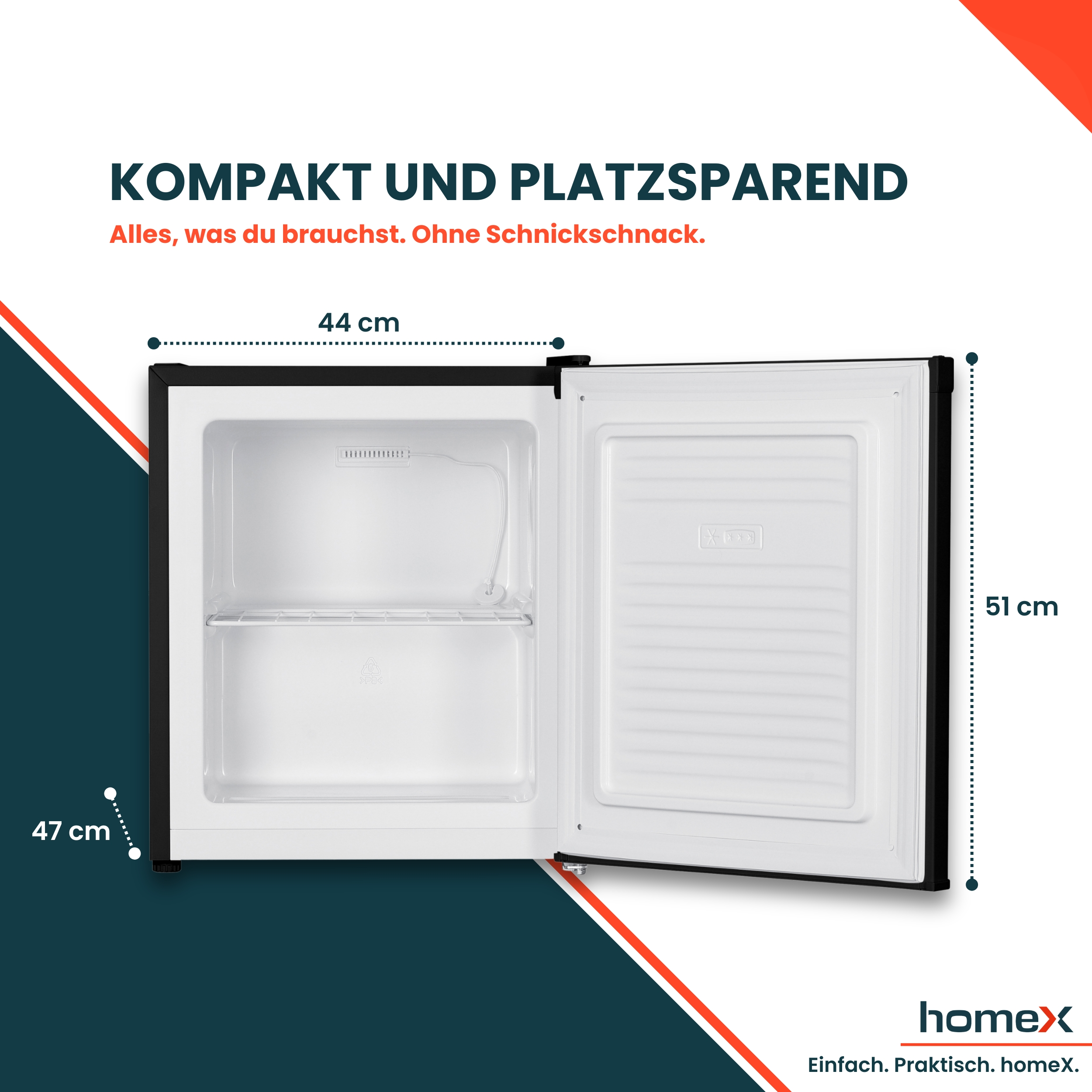 Ein leerer, offener Mini-Kühlschrank mit Maßen 47x44x51 cm.
