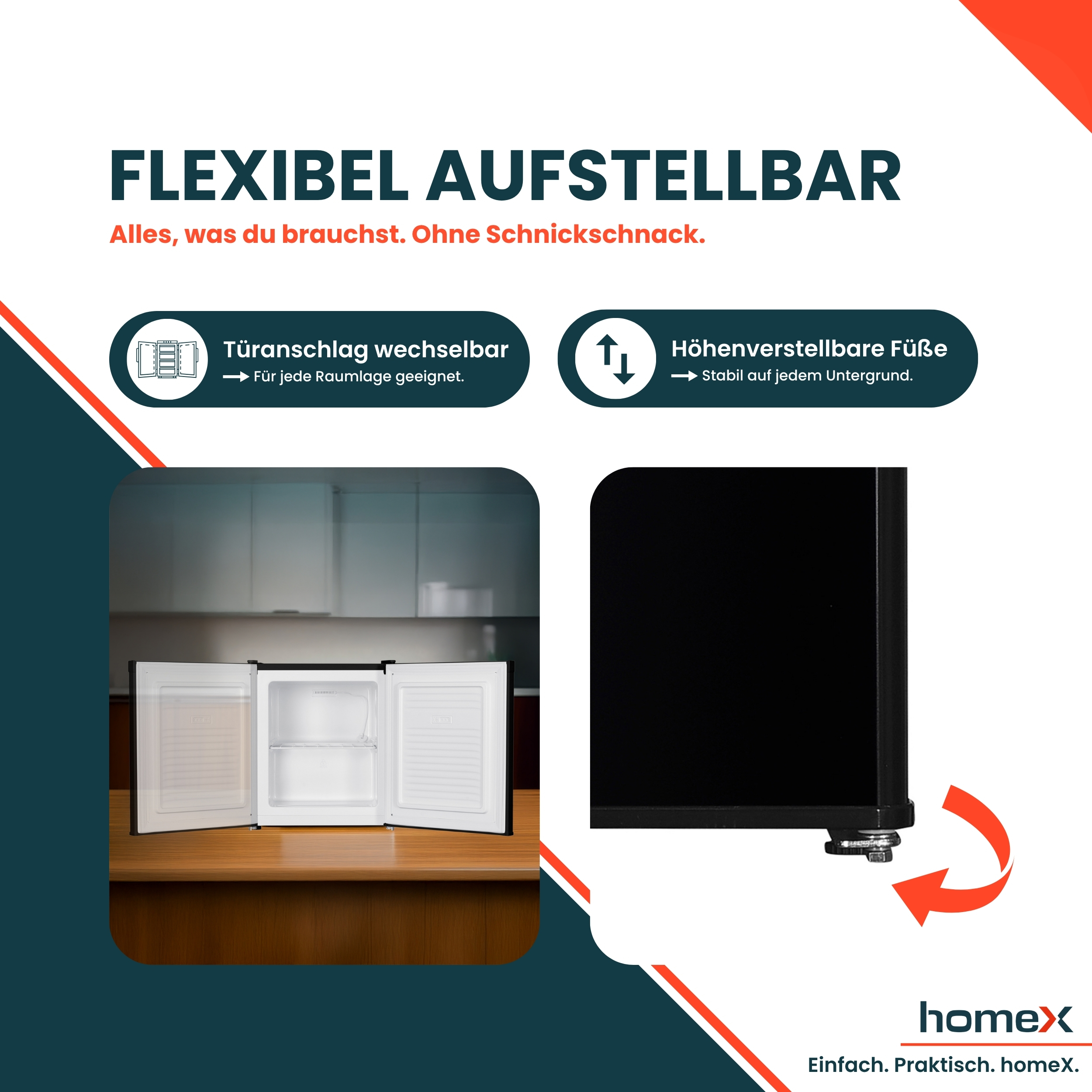 Ein offener Kühlschrank mit wechselbarem Türanschlag und höhenverstellbaren Füßen.