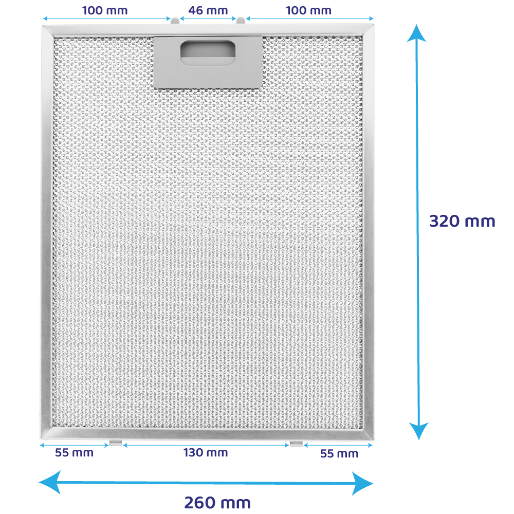 Ein Metallfilter mit Griff, 320 mm hoch und 260 mm breit.