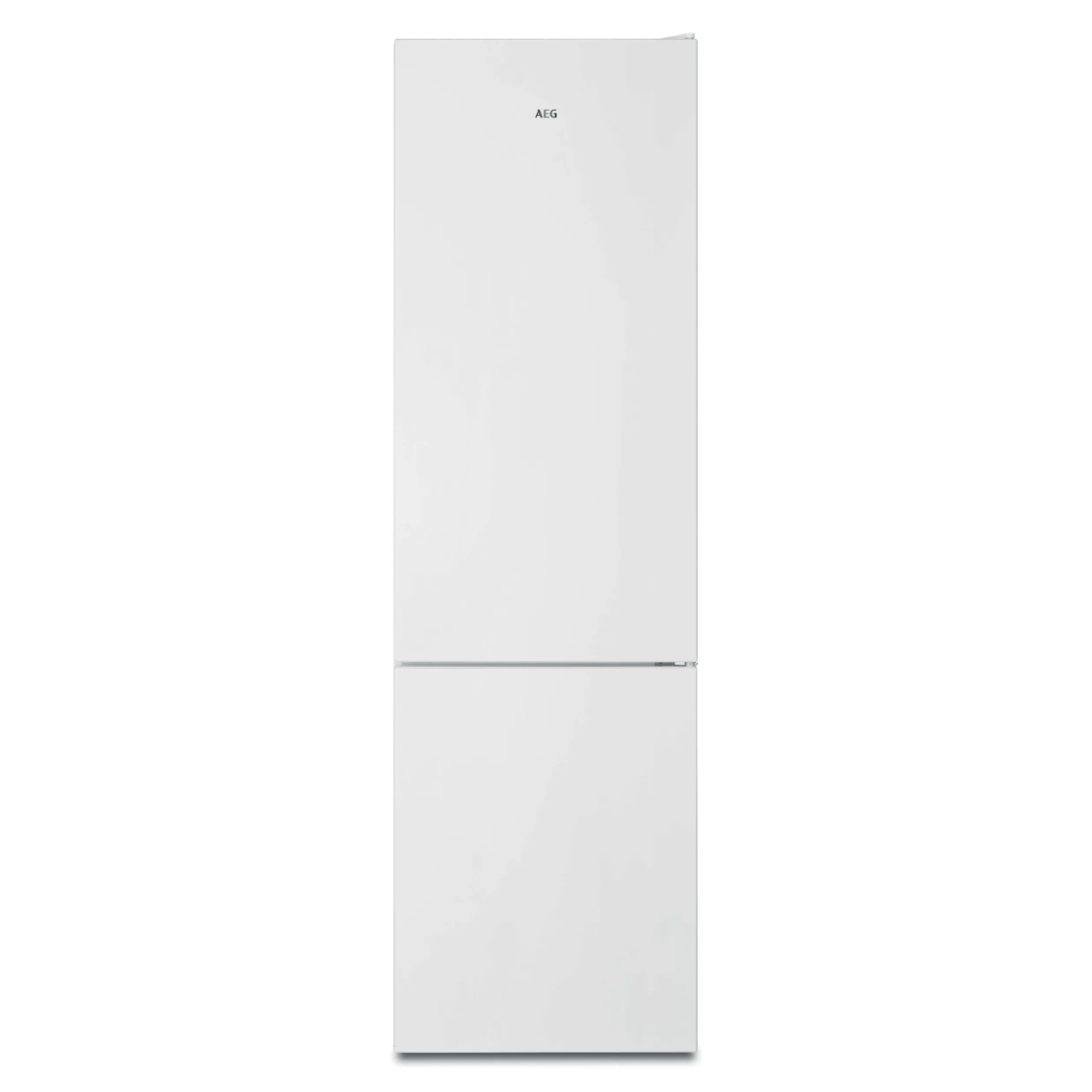 Un refrigerador AEG blanco con dos puertas, una sobre la otra.