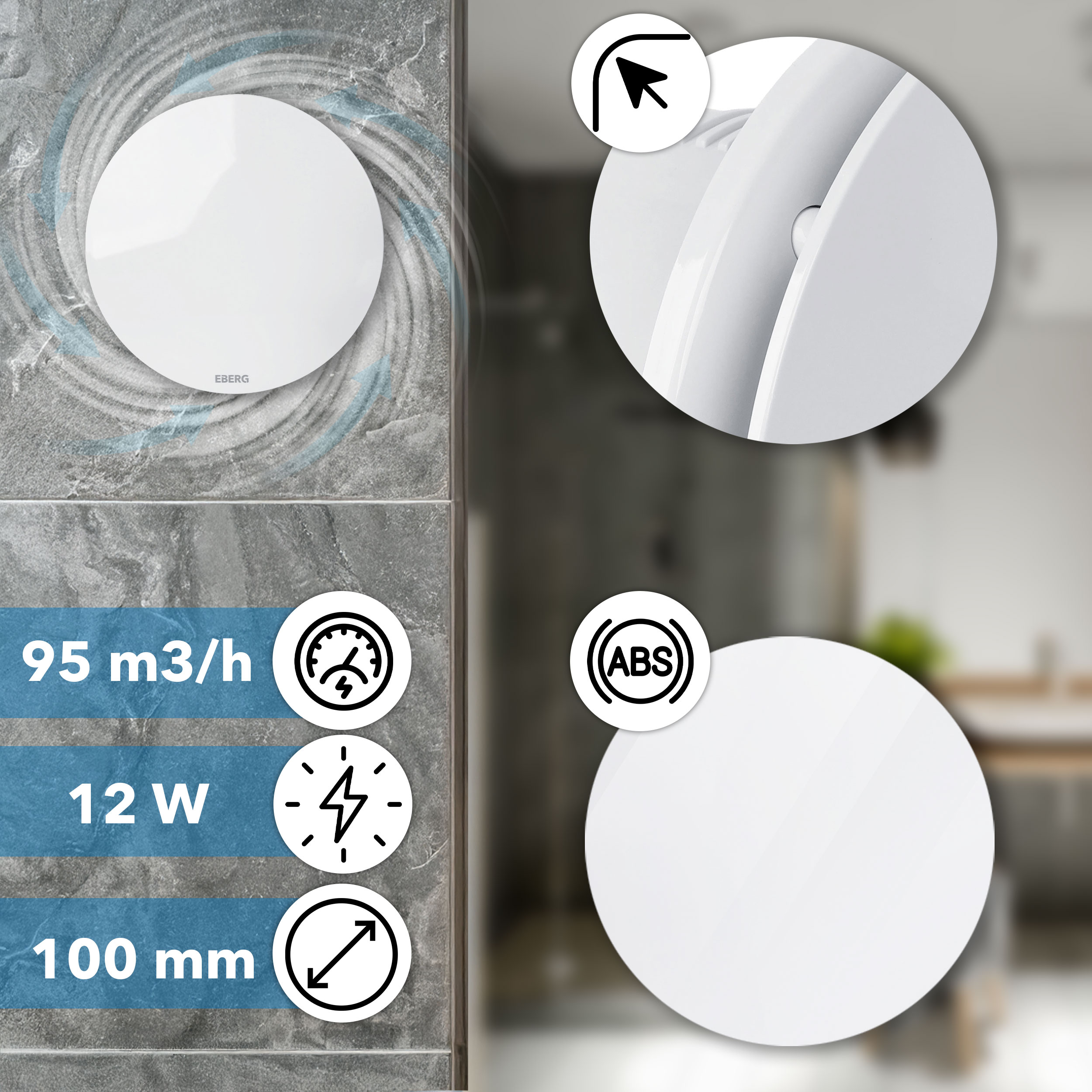 Biały wentylator ze specyfikacją: 95 m3/h, 12W, 100mm. Materiał ABS.