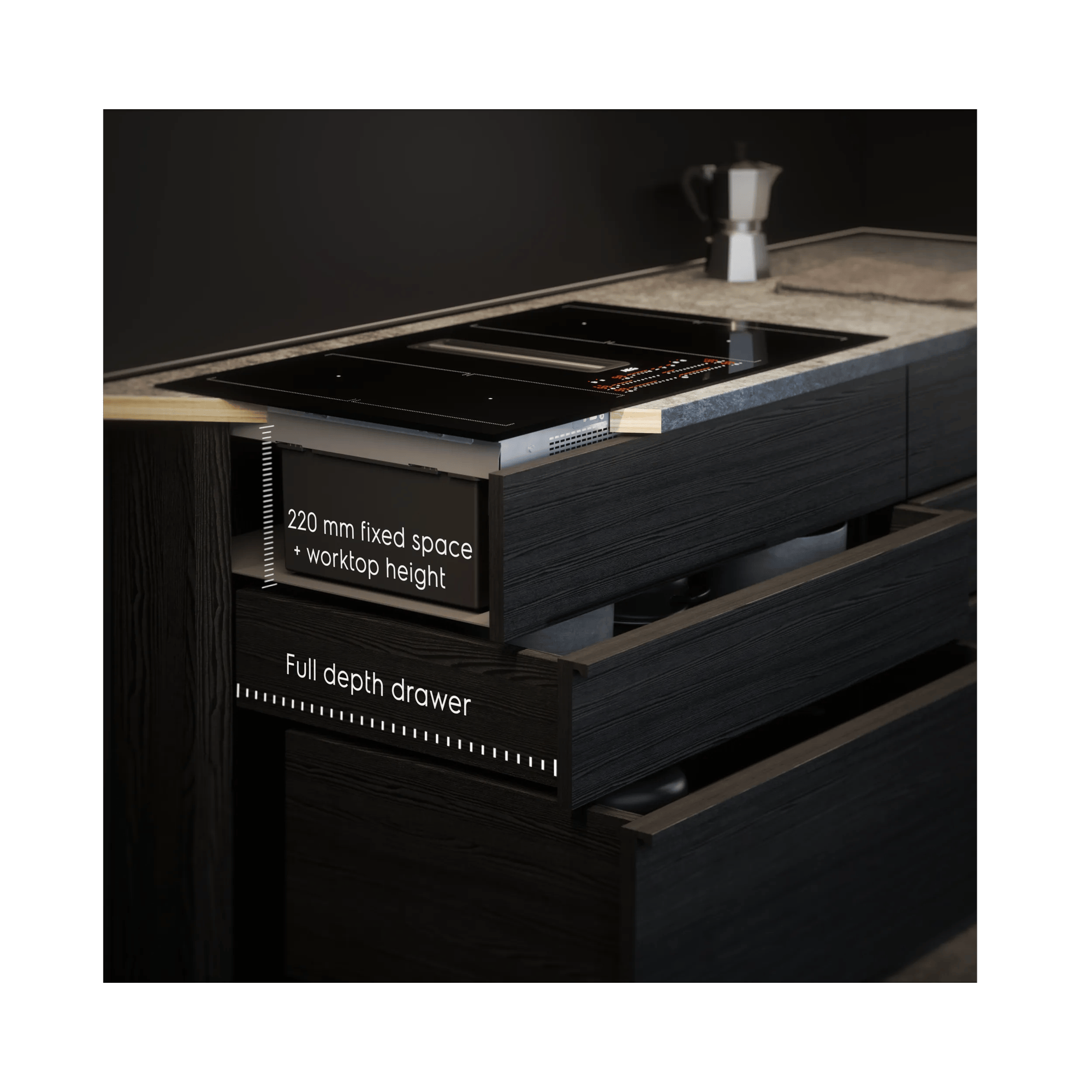 Cucina moderna con piano cottura a induzione, cassetti e caffettiera.