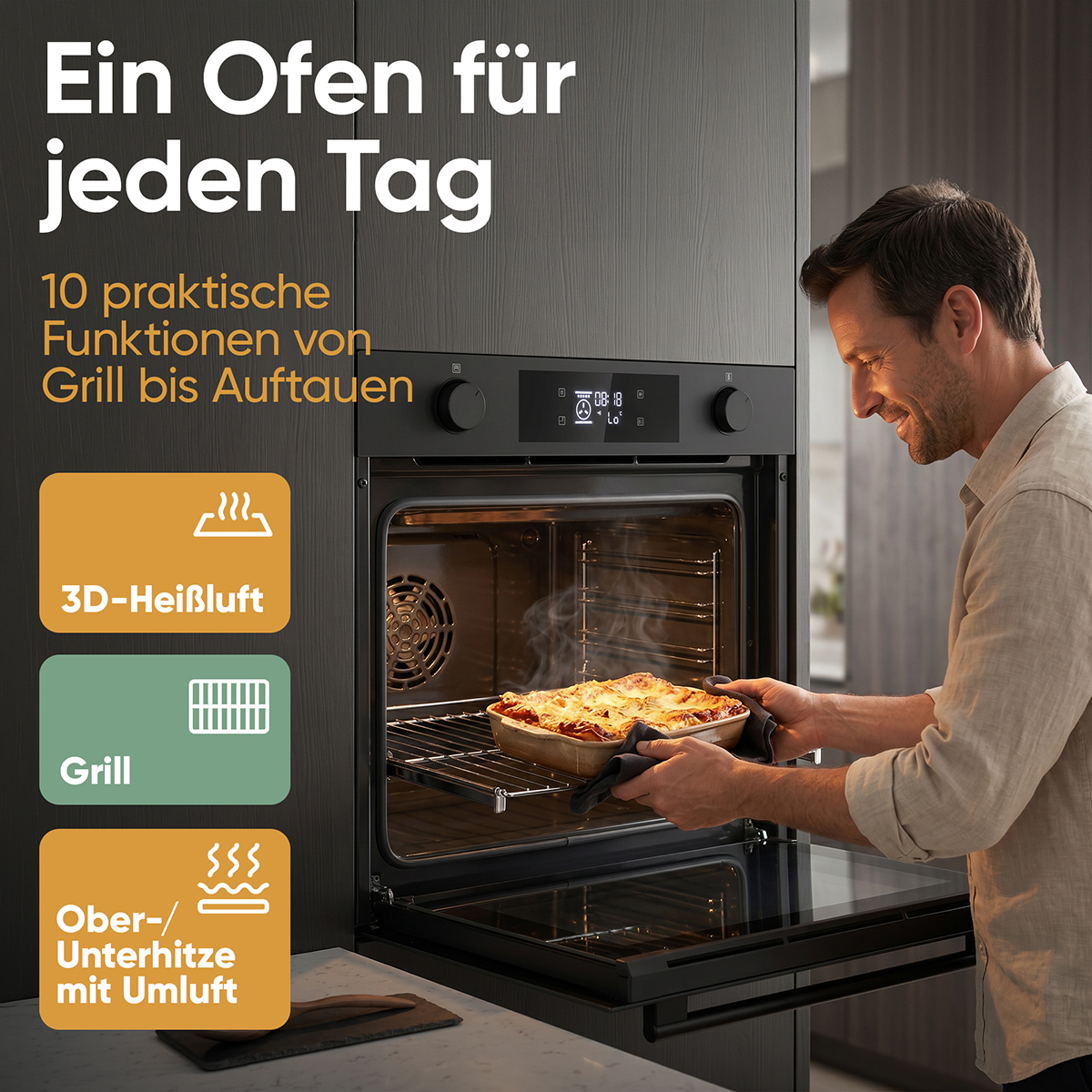 Ein Mann nimmt eine Lasagne aus einem modernen Ofen. Icons zeigen Kochfunktionen.