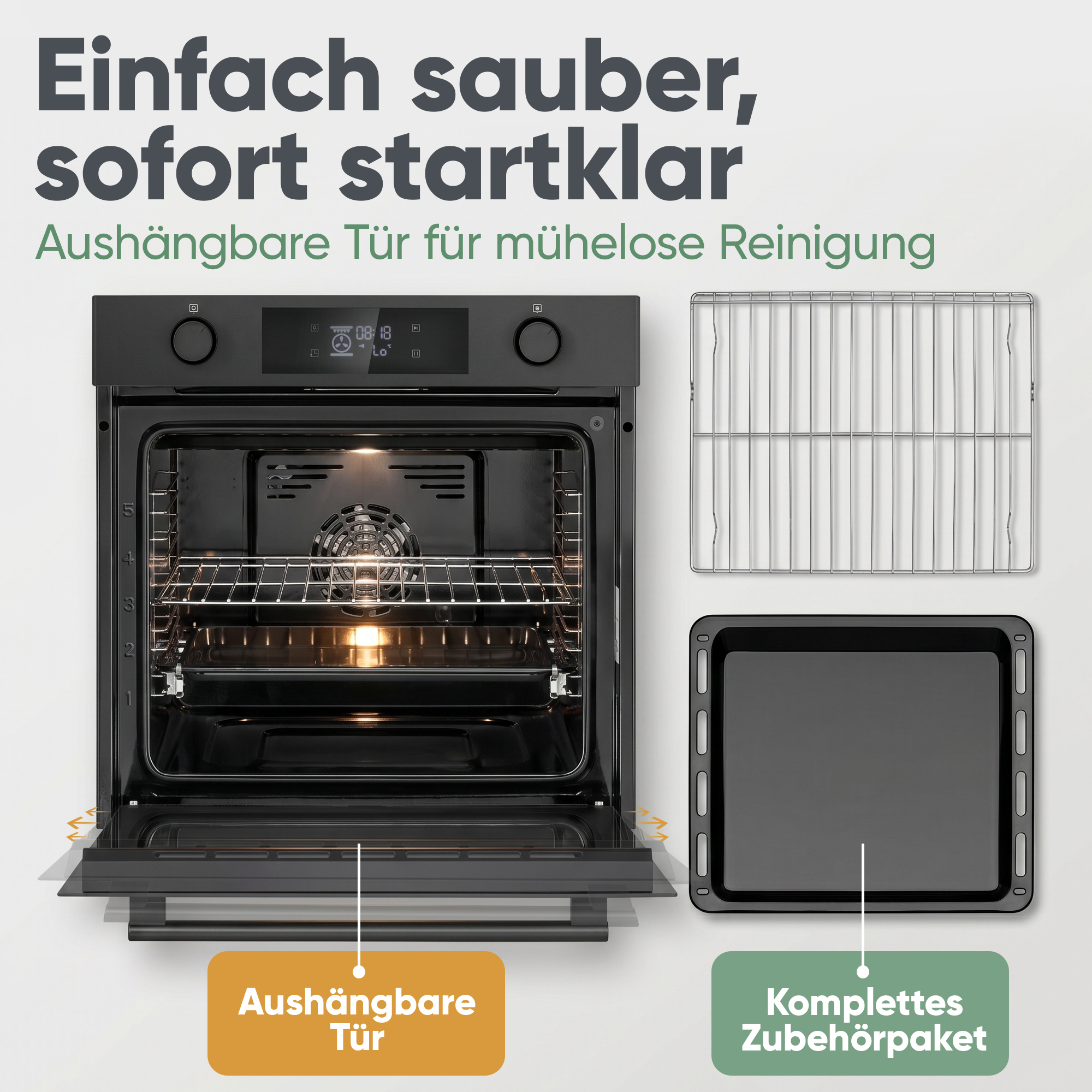 Ein moderner schwarzer Ofen mit offener Tür, einem Rost und einem Backblech.