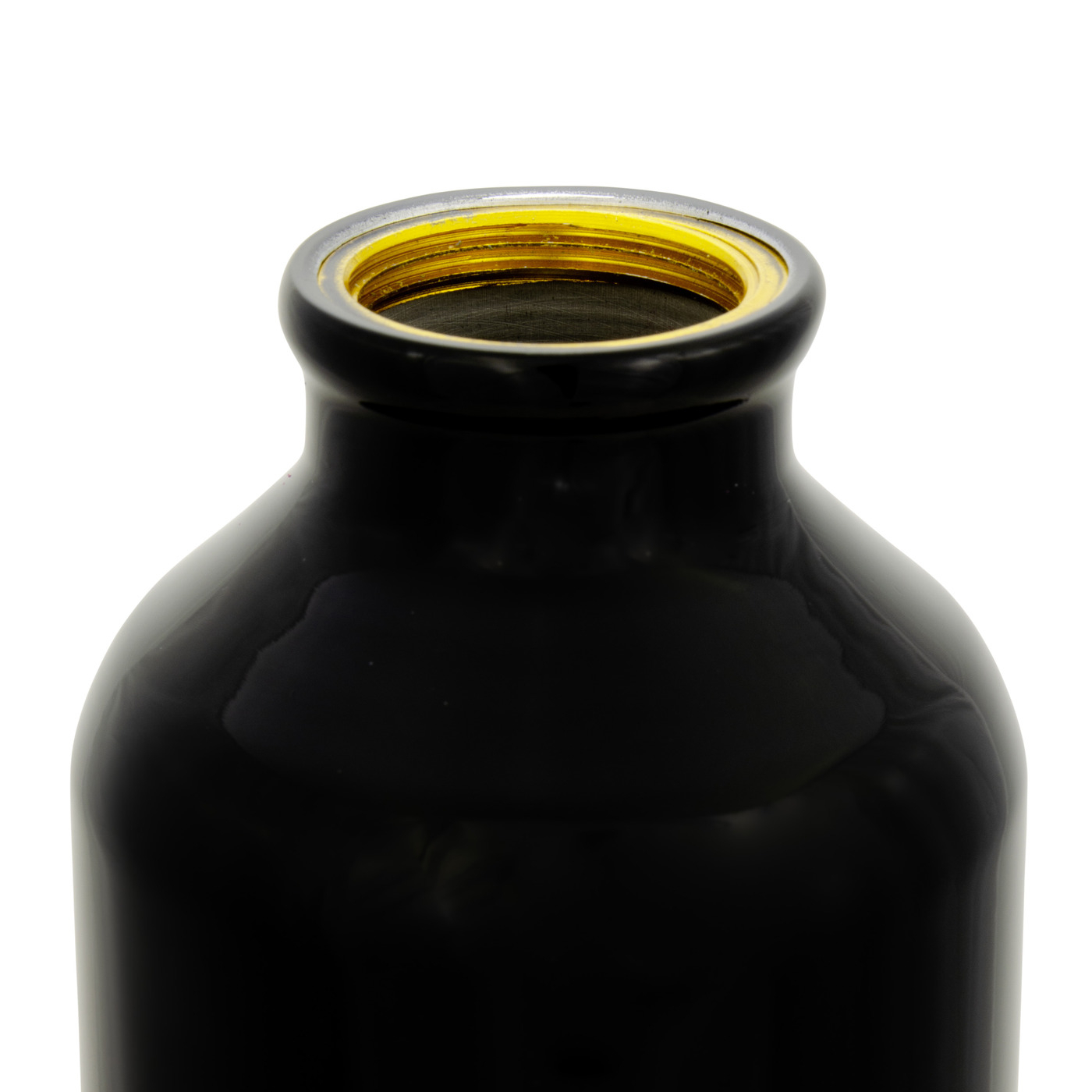 Oberseite einer schwarzen Flasche mit gelbem Gewinde.