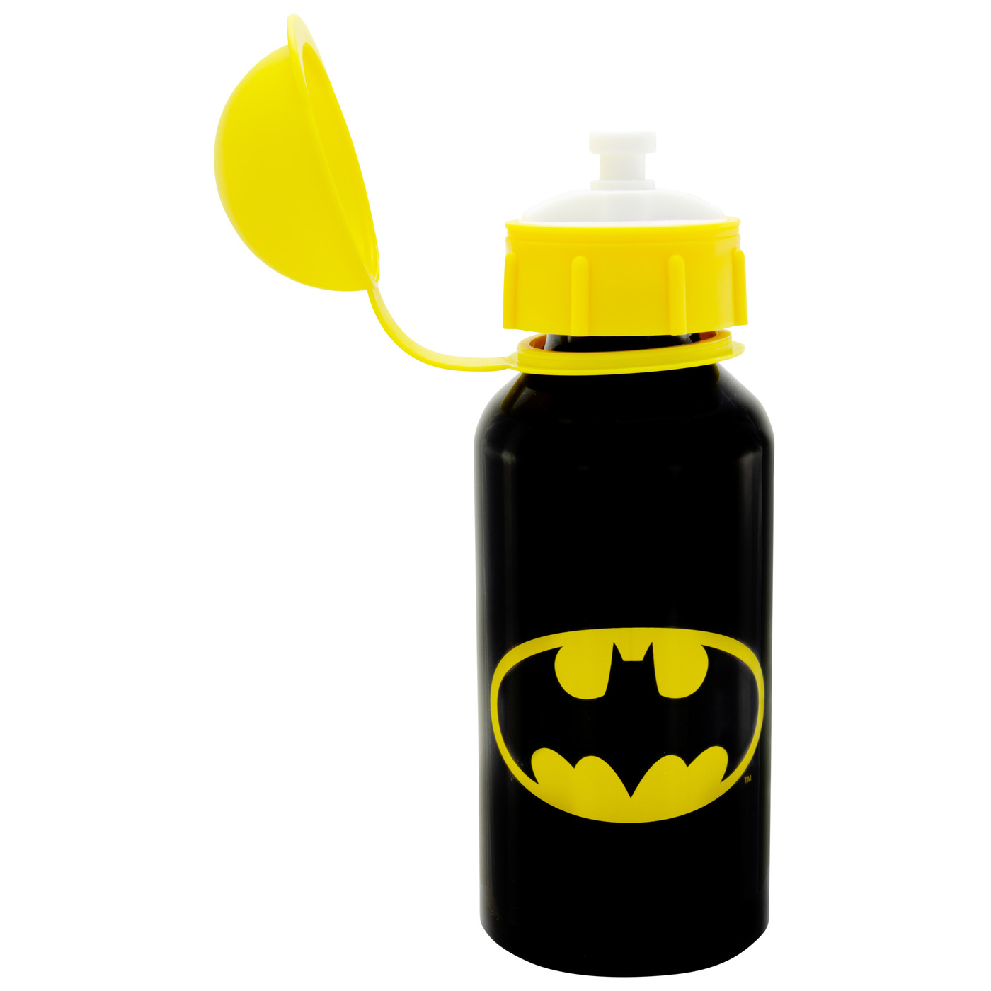 Schwarze Batman-Wasserflasche mit gelbem Deckel und Batman-Logo.