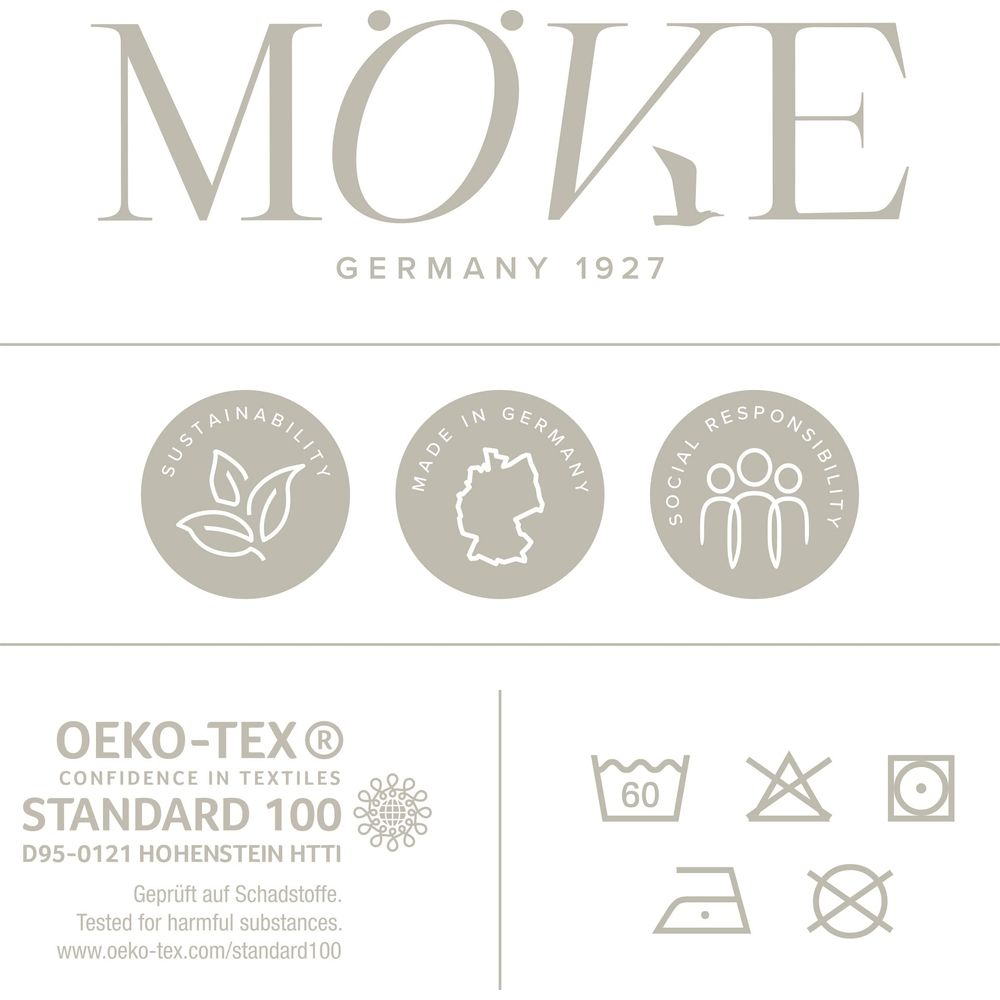 MOKE Logo, Made in Germany, Nachhaltigkeit, OEKO-TEX Siegel und Pflegehinweise.