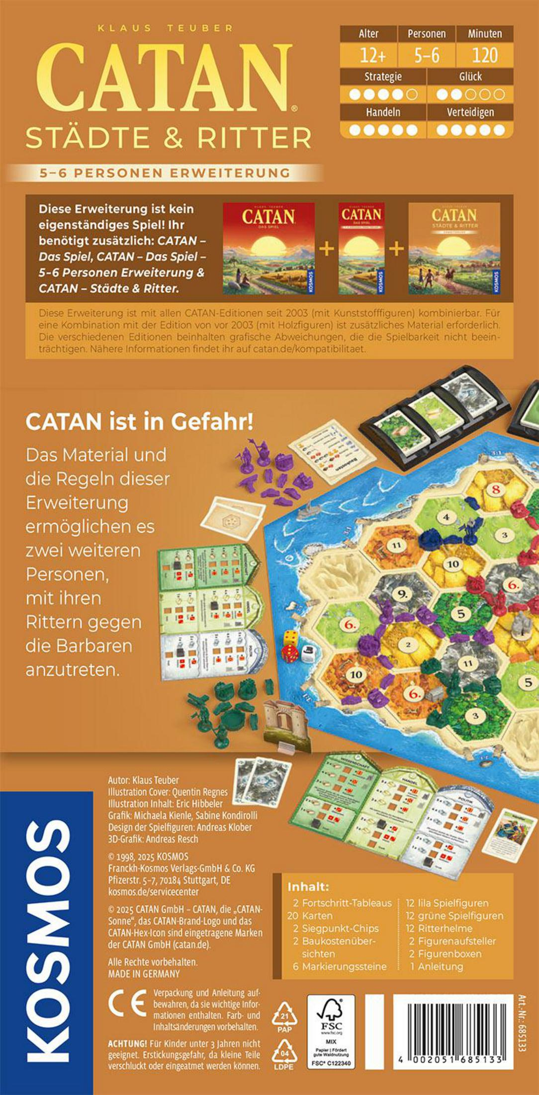 Catan Städte & Ritter 5-6 Spieler Erweiterung Spielschachtel mit Spielbrett und Teilen.
