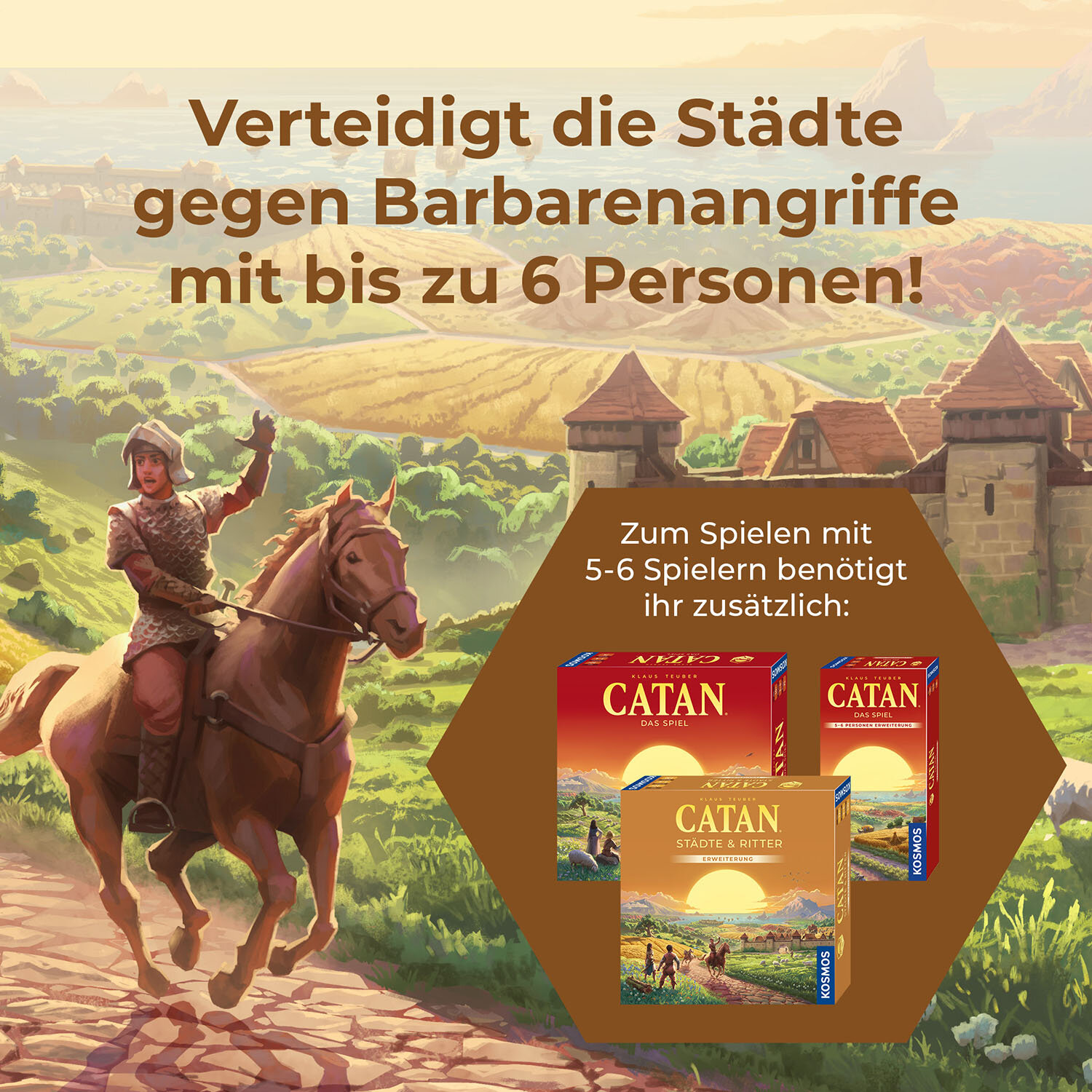 Ein Ritter auf einem Pferd reitet vor einer mittelalterlichen Stadt und Spielboxen.