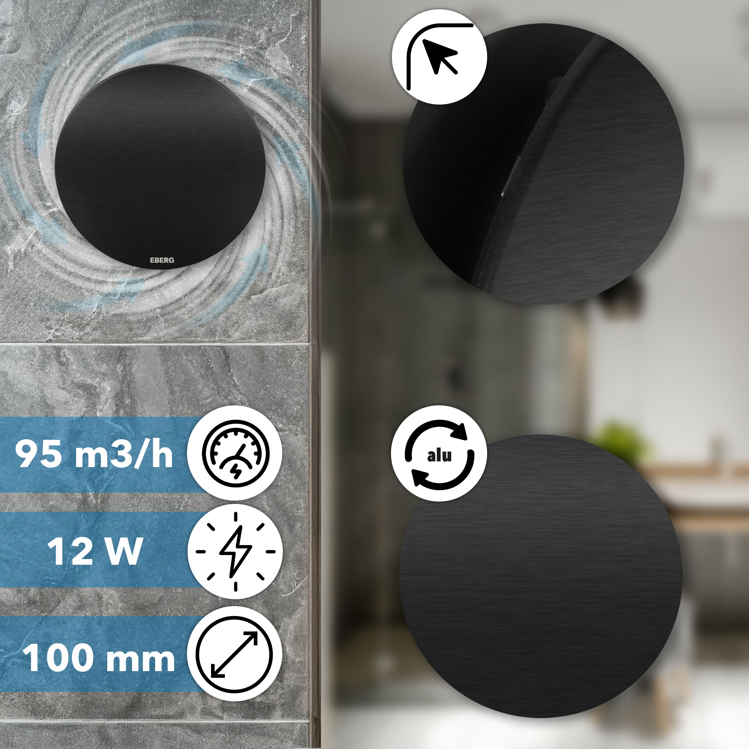 Czarny wentylator ze specyfikacją: 95 m3/h, 12 W, 100 mm. Logo aluminiowe.