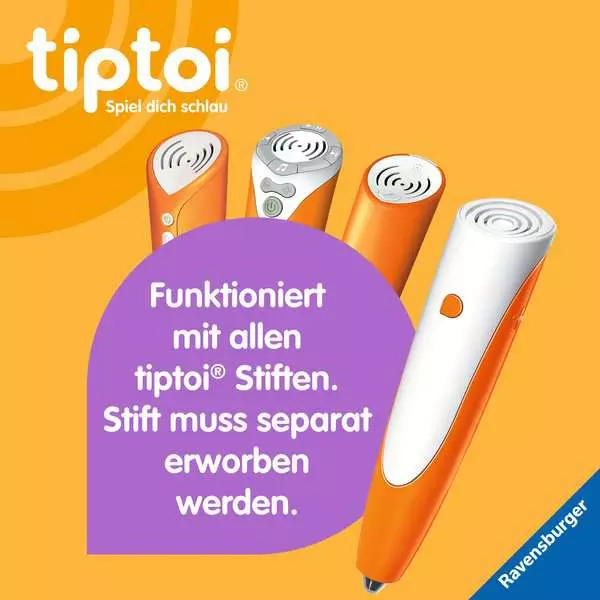 Mehrere orange und weiße Tiptoi-Stifte auf orangefarbenem Hintergrund.