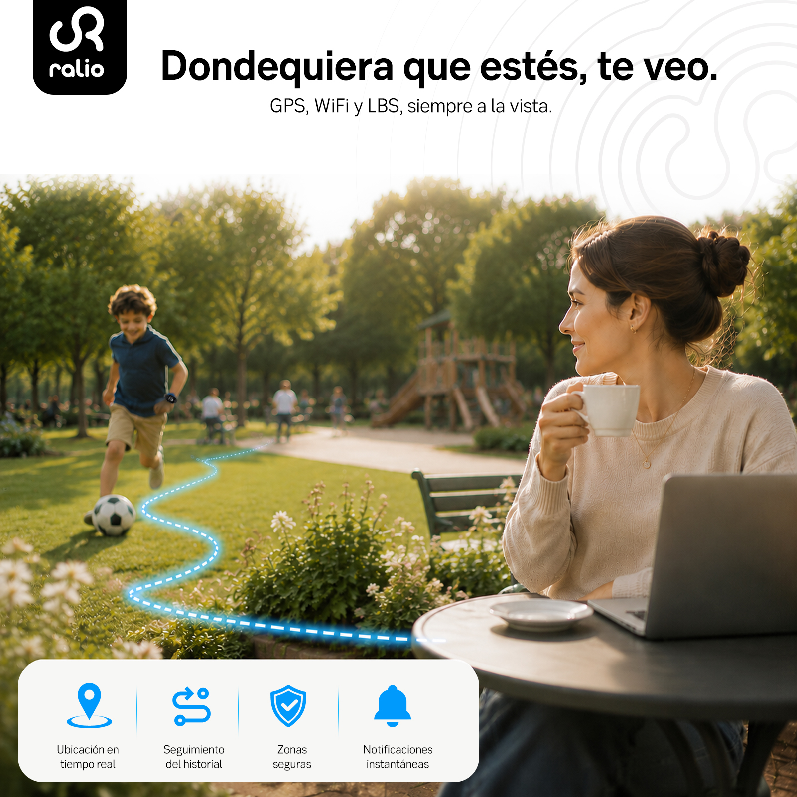 Un niño juega al fútbol en un parque mientras una mujer mira con portátil y café.