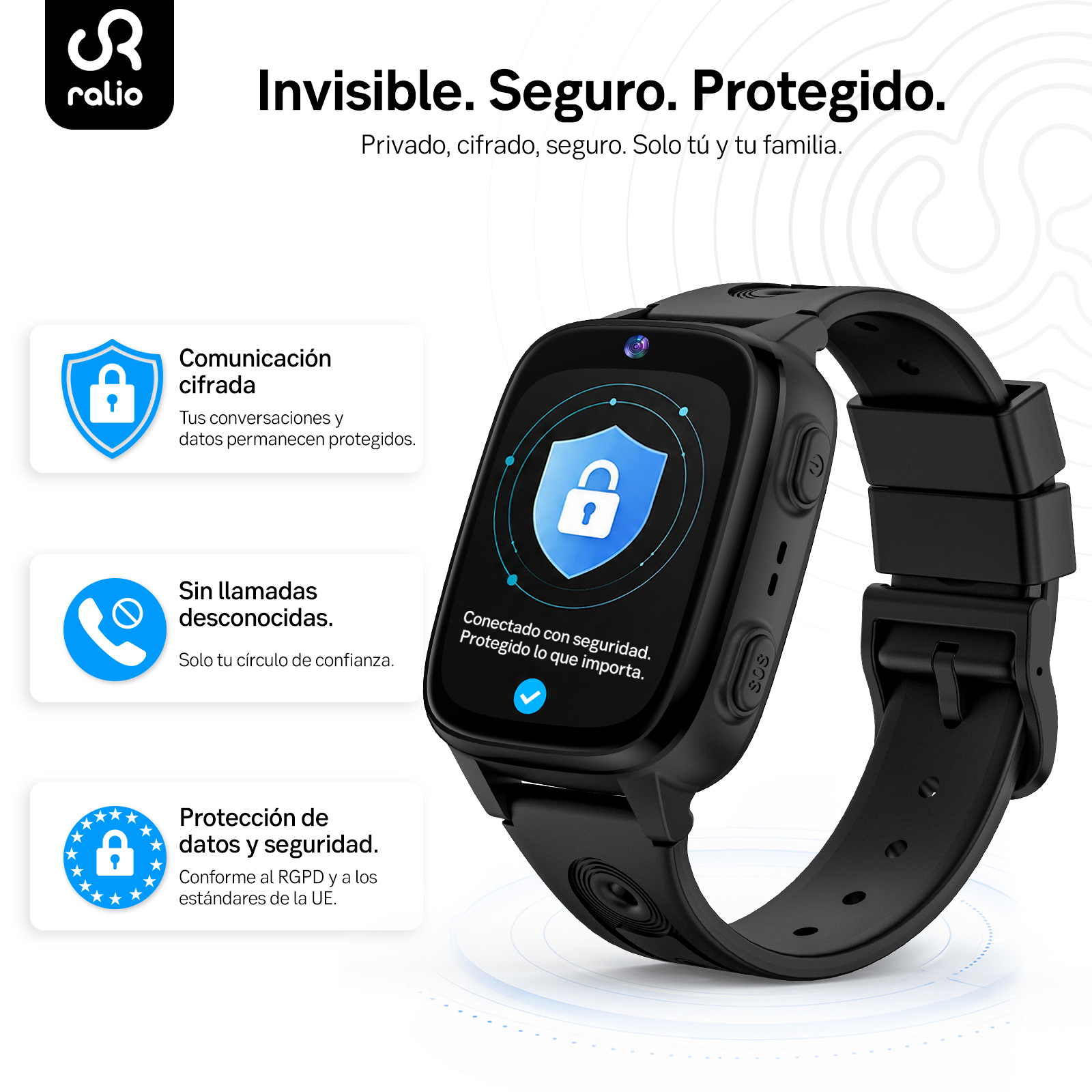 Reloj inteligente negro con funciones de seguridad. Comunicación cifrada.