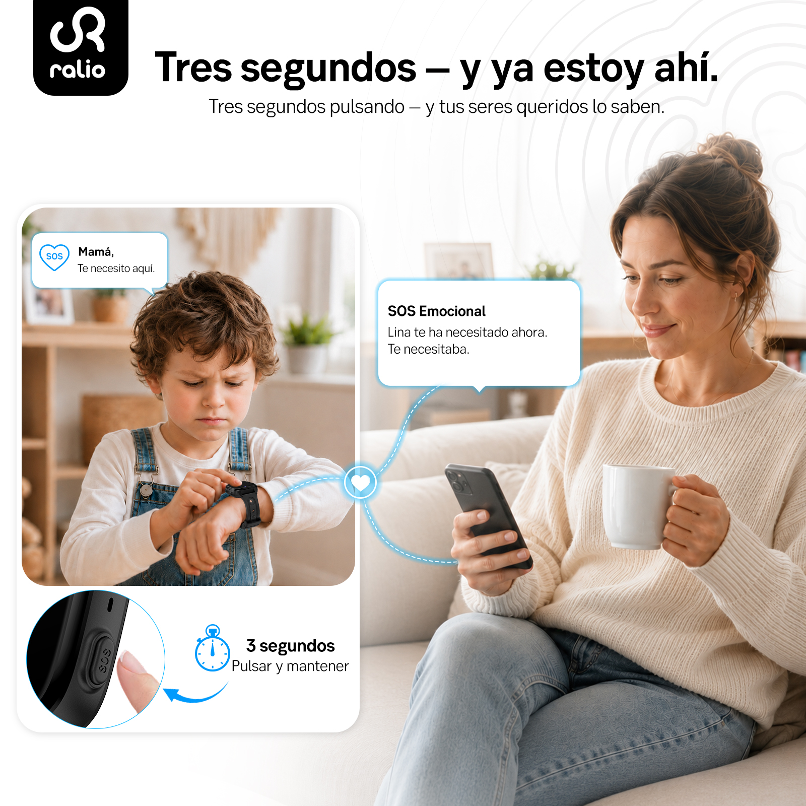 Un niño presiona un reloj, una mujer sostiene un teléfono y una taza.