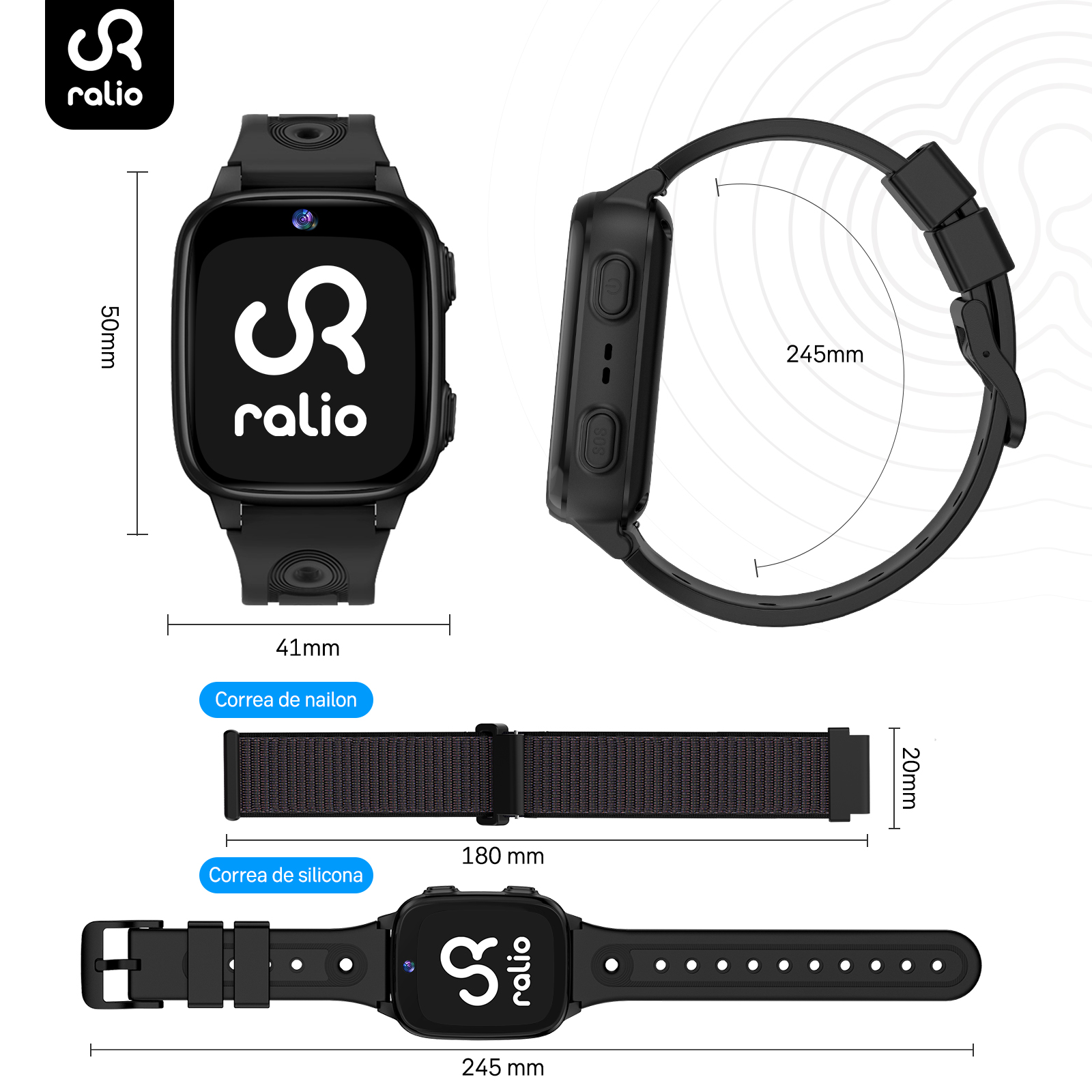 Pantalla de reloj inteligente negra usada con logo y dimensiones.