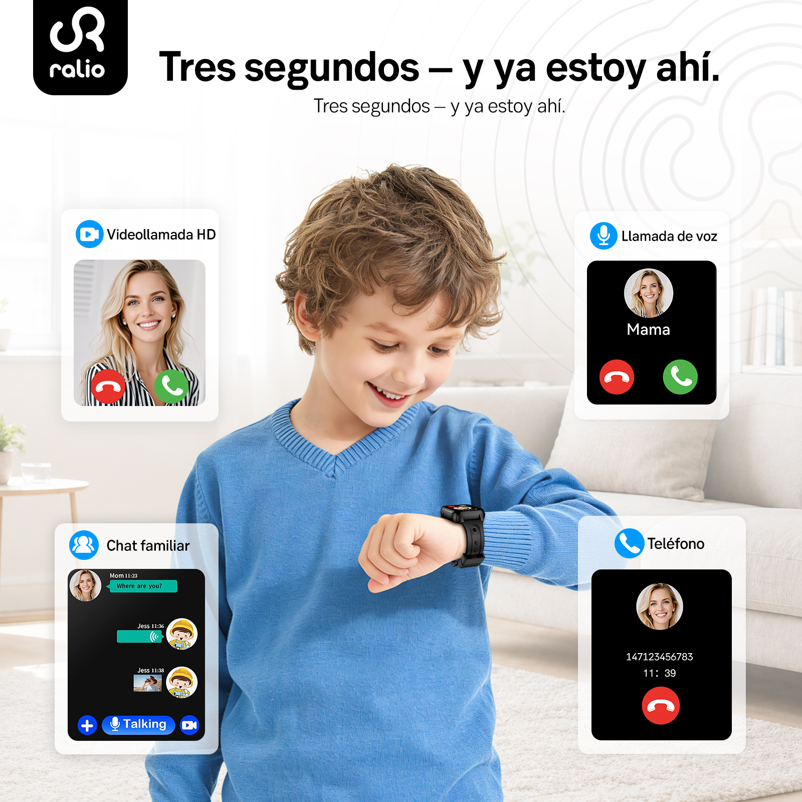 Un niño usa un reloj inteligente y lo mira. Superposiciones muestran videollamada, chat y teléfono.