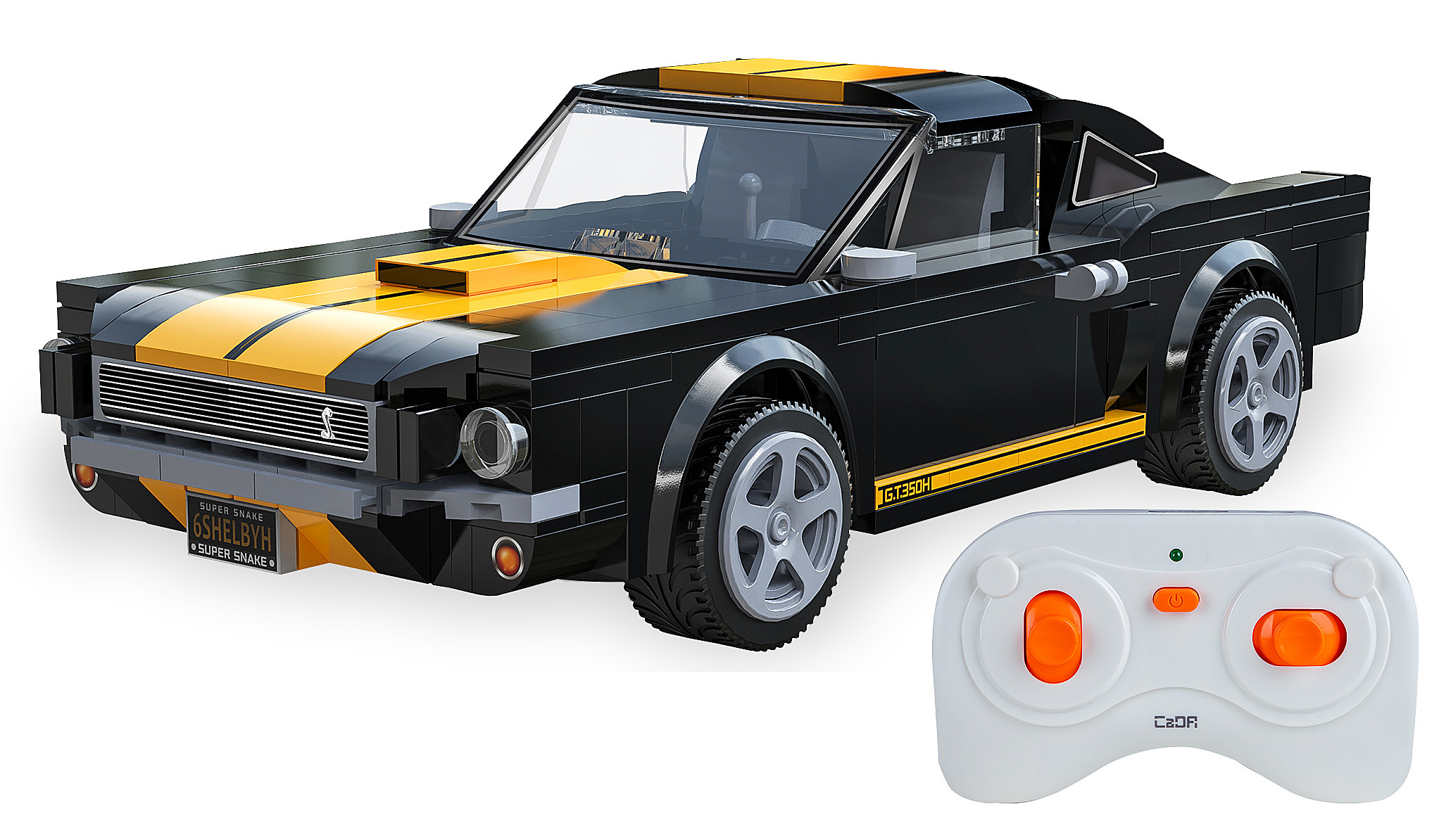 Schwarzes Lego-Auto mit gelben Streifen und Fernbedienung.