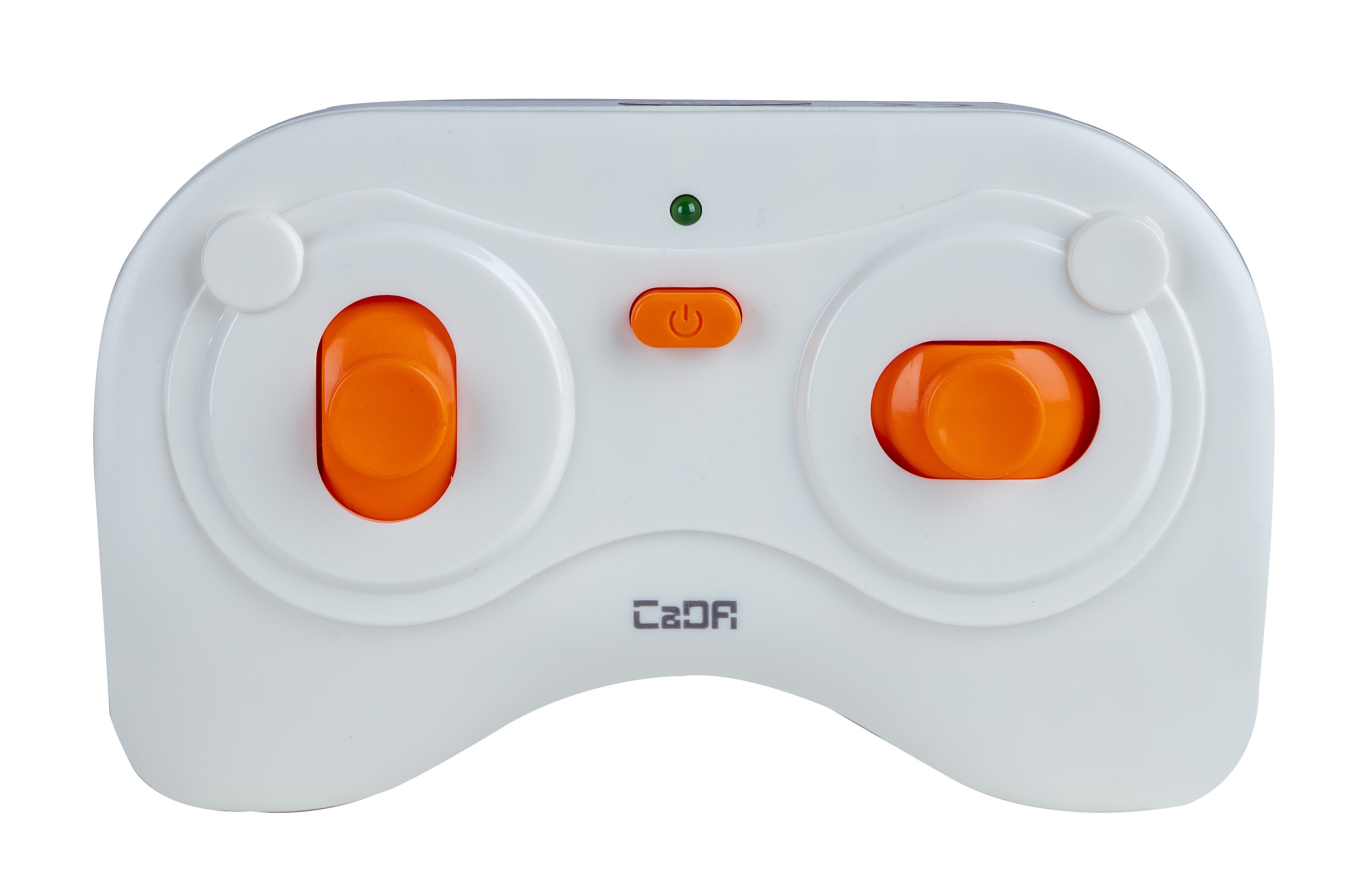 Weißer Controller mit zwei orangefarbenen Joysticks und einem Power-Button.