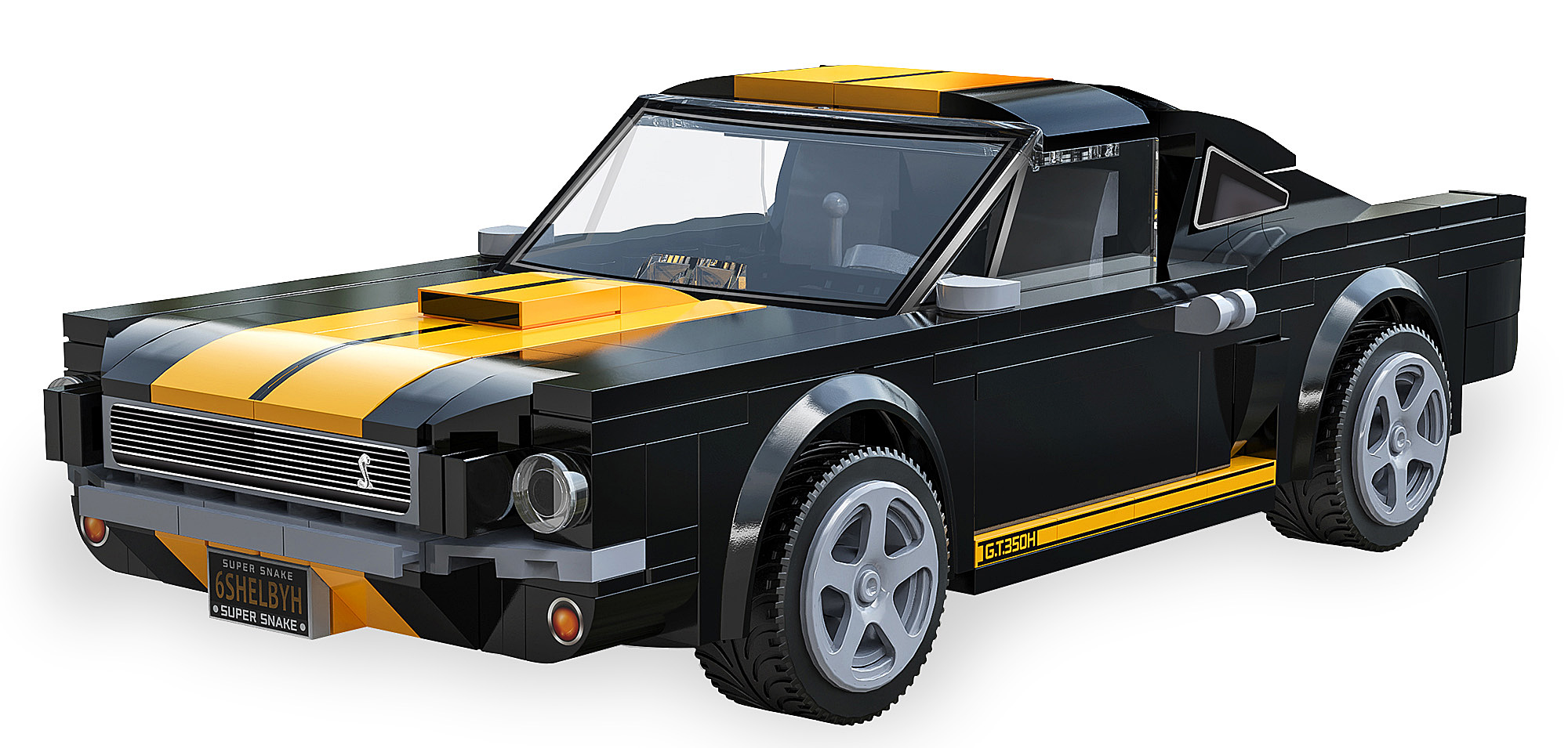 Schwarzer Lego Shelby GT350 mit gelben Streifen und Kennzeichen.
