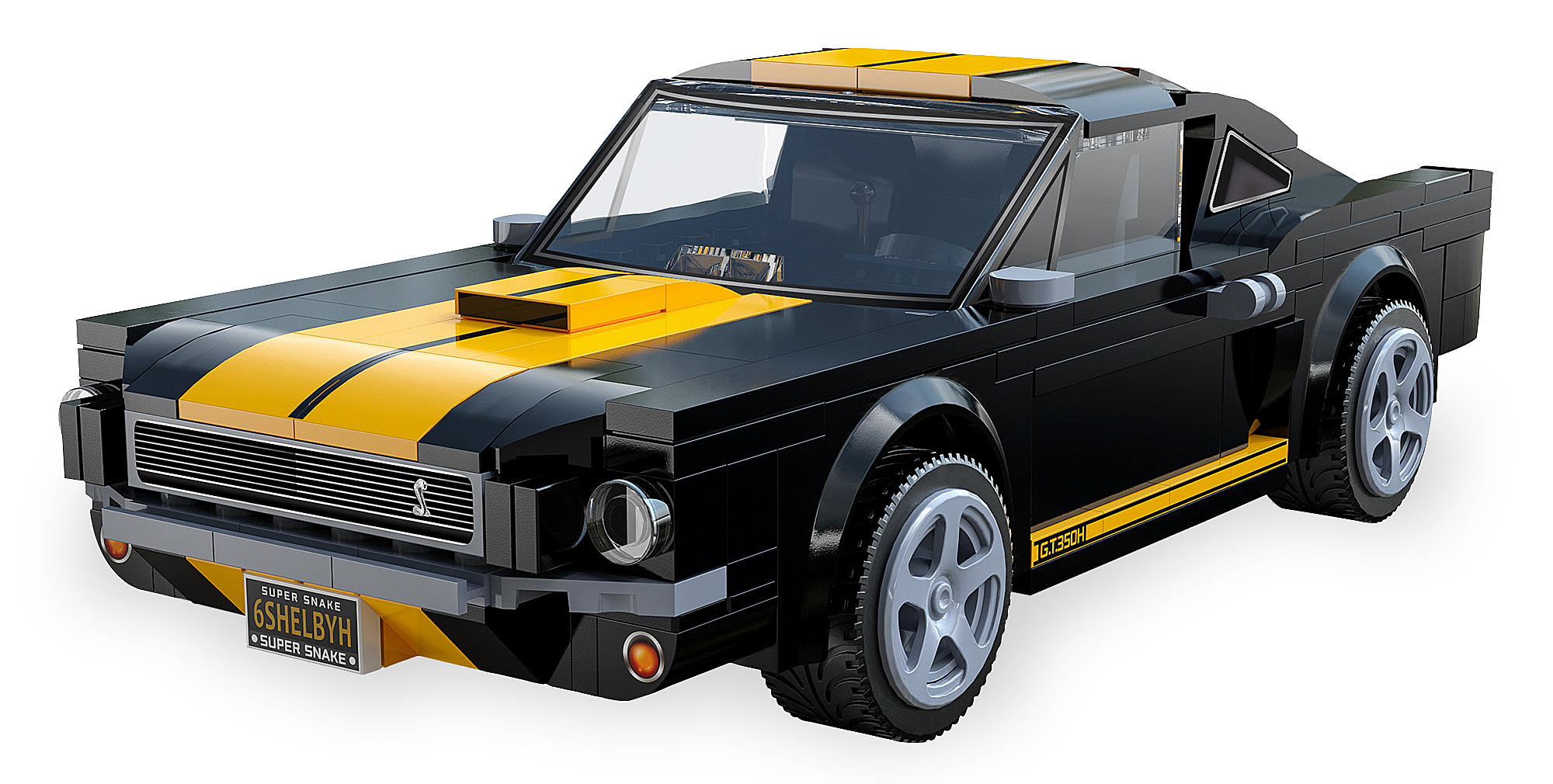 Schwarzes Lego-Auto mit gelben Streifen, silbernen Rädern und einem Nummernschild.